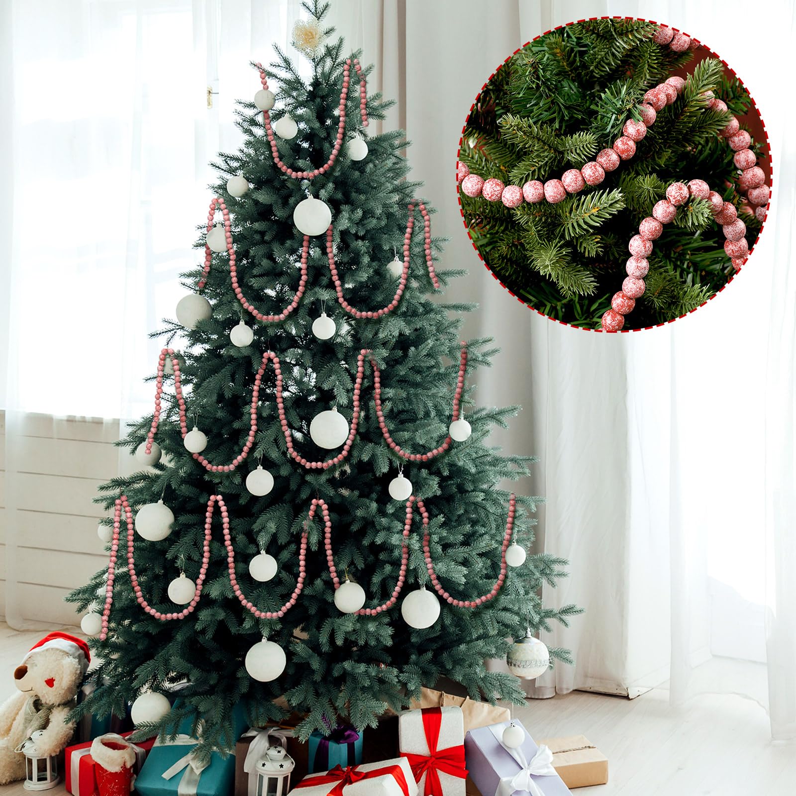 Libima 26 Feet Christmas Wooden Bead Garland Christmas Tree Decorations Rustic Farmhouse Bead Garland Bead Garland Boho Vintage Garland for Xmas Tree Holiday Decorations (Red)