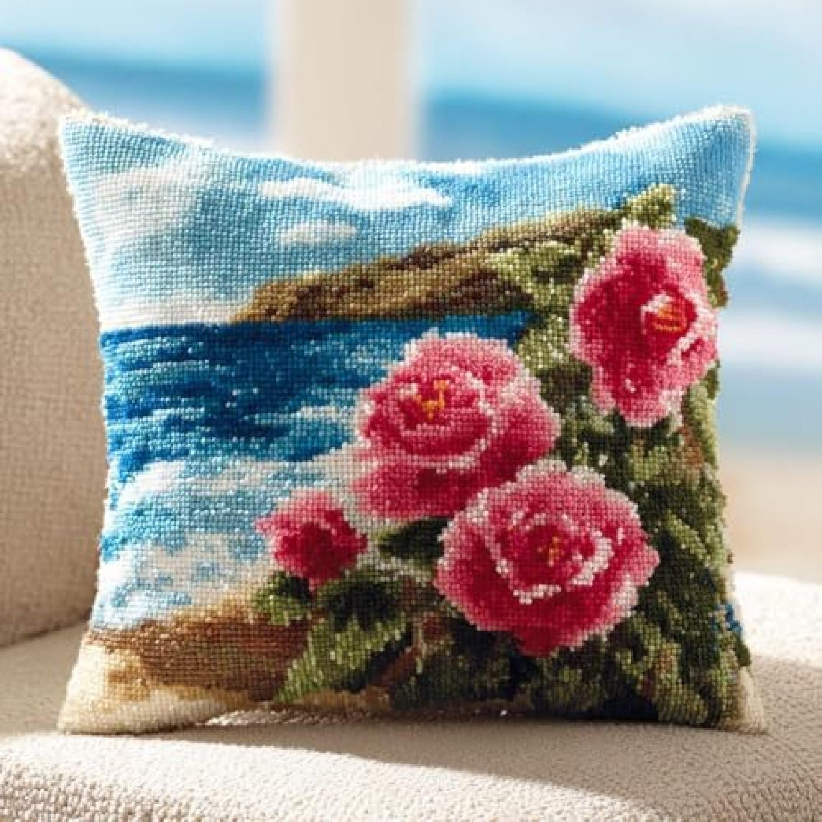 kitphoenix DIY Latch Hook Pillow Cover Kit,Camellia Flowers and Sea,Adults Craft Kit with Pre-Printed Embroidery Canvas,Yarn and Hook,43x43 cm Cushion Cover for Home Décor
