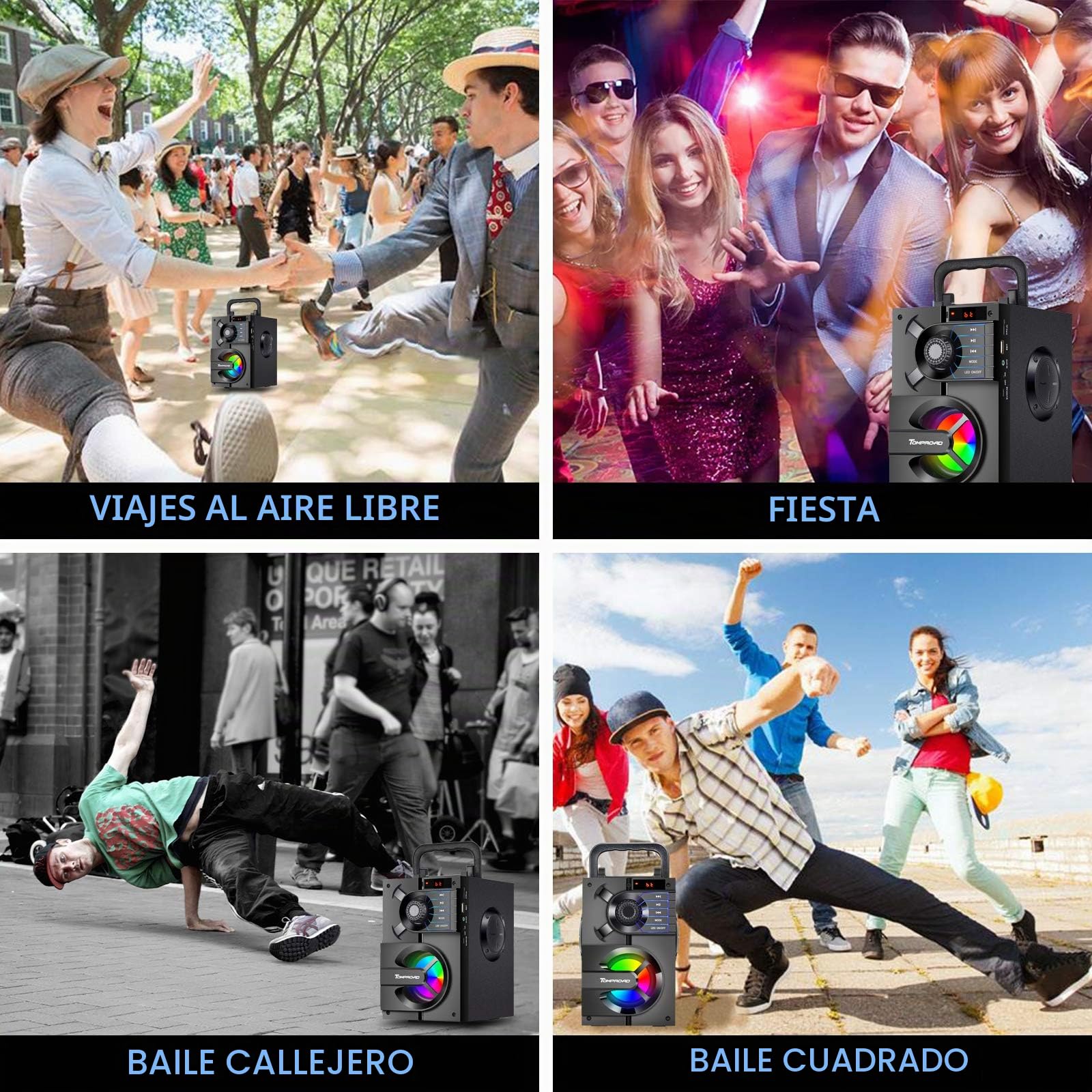 TOMPROAD Altavoz Bluetooth, caja Bluetooth portátil con subwoofer, sonido estéreo inalámbrico, bajo profundo, altavoz para fiestas, compatible con radio FM, control remoto, luces LED (Negro)