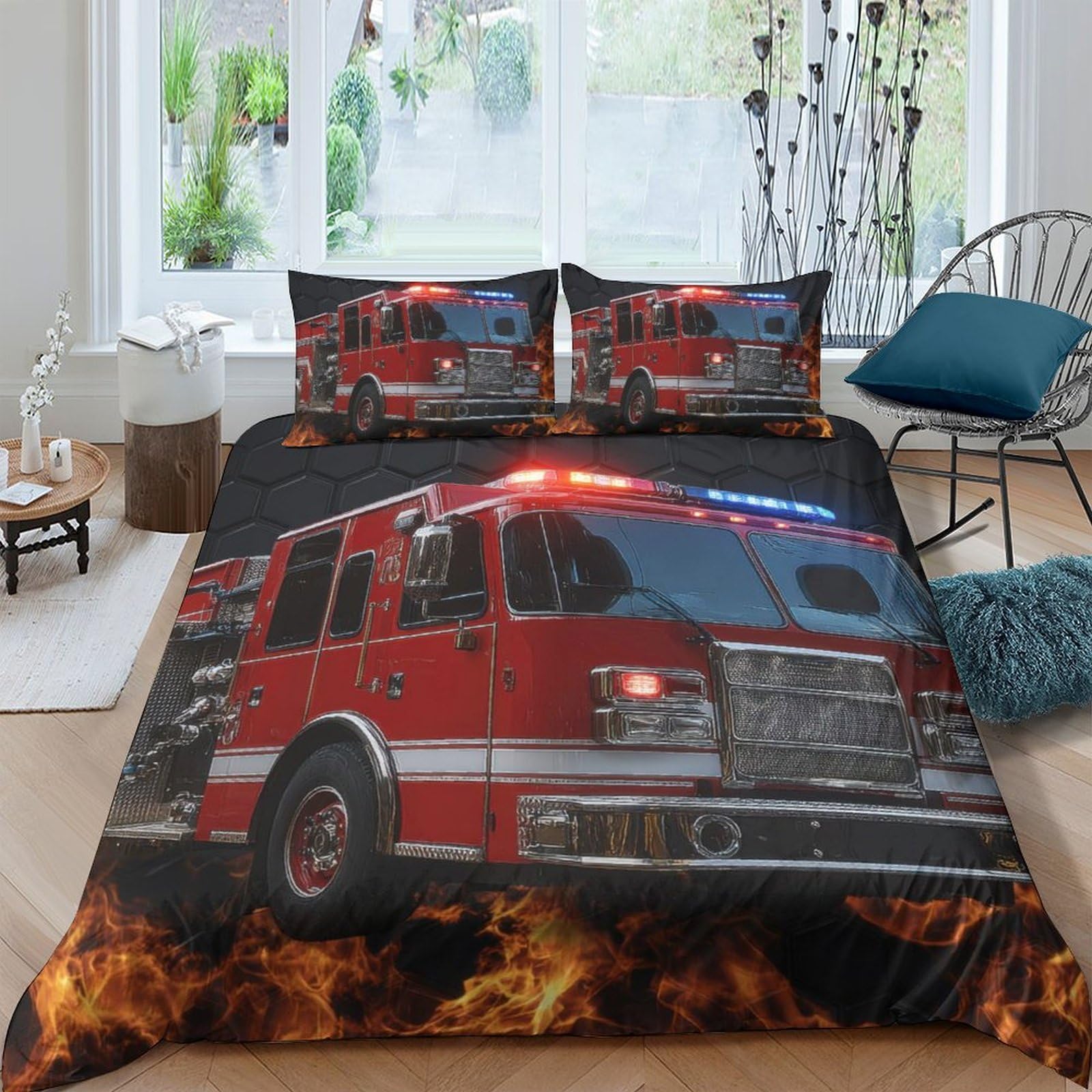 GPLZQXKJNH 3D Printed Fire Truck Duvet Cover Microfiber Soft Red Flame Quilt Cover Set with 2 Pillowcases for Bedroom Decor Single（135x200cm）