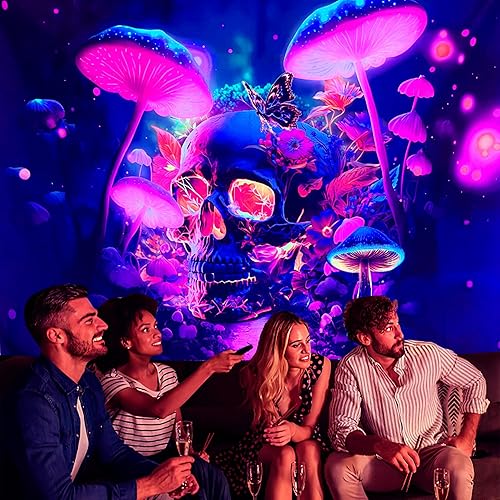 Miniatura 7 de Hysenm Tapiz de calavera de luz negra, 70 x 90 pulgadas, tapiz de fantasía, hongos marinos, flores, mariposa, esqueleto, arte reactivo UV, para