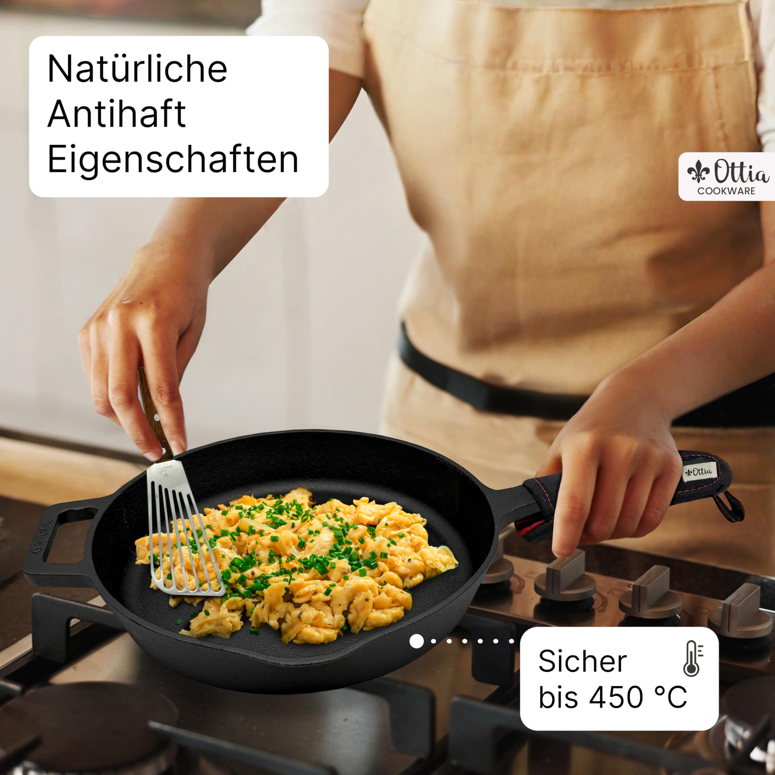 Ottia reine Gusseisenpfanne Induktion 28cm (ungeschliffen), mit eKochbuch, Pfannenwender, waschbarem Hitzeschutz, Gusseisen, Eisenpfanne, Cast Iron Pan, Händler aus Hamburg