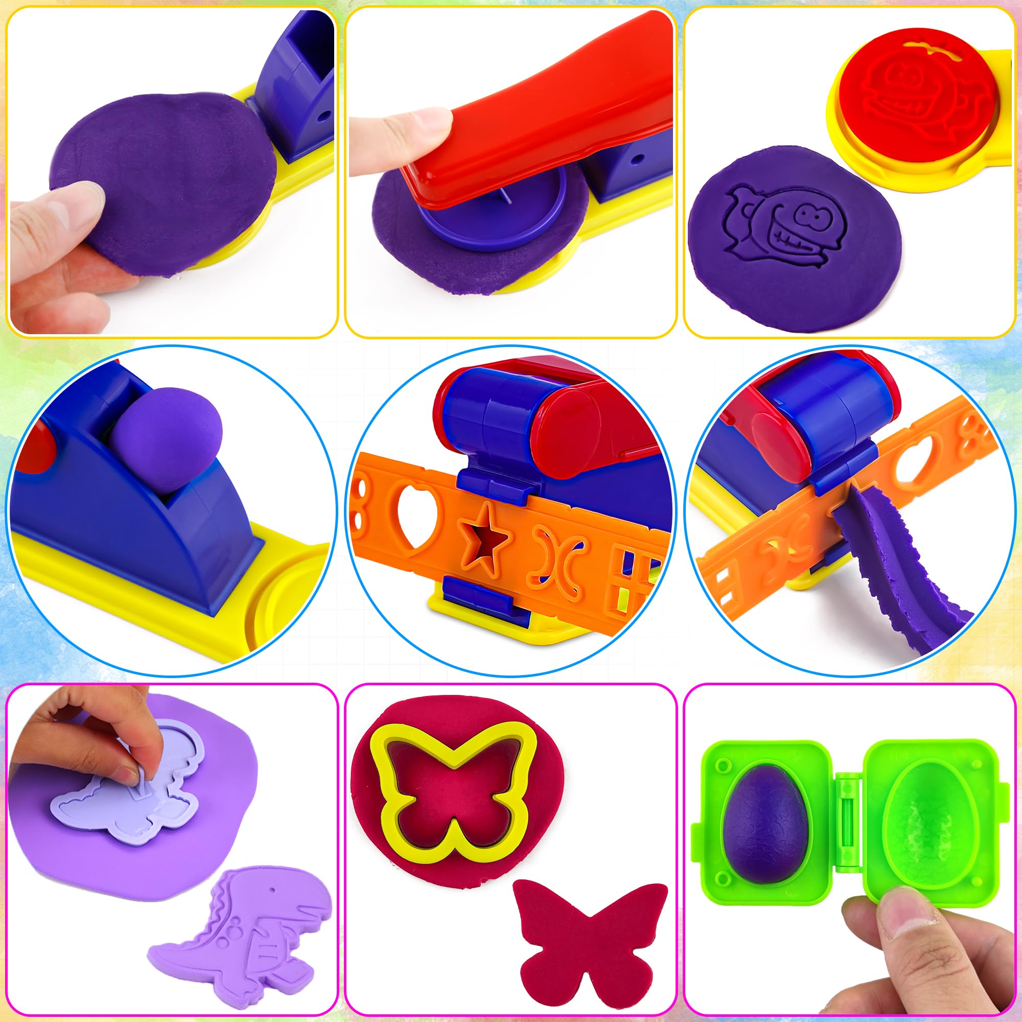 Juego de herramientas de juego de masa para niños, 44 piezas, accesorios de masa con tijeras, cortadores, rodillos, rodillos, prensa de pasta, animales de dinosaurio, moldes de frutas, caja de 4