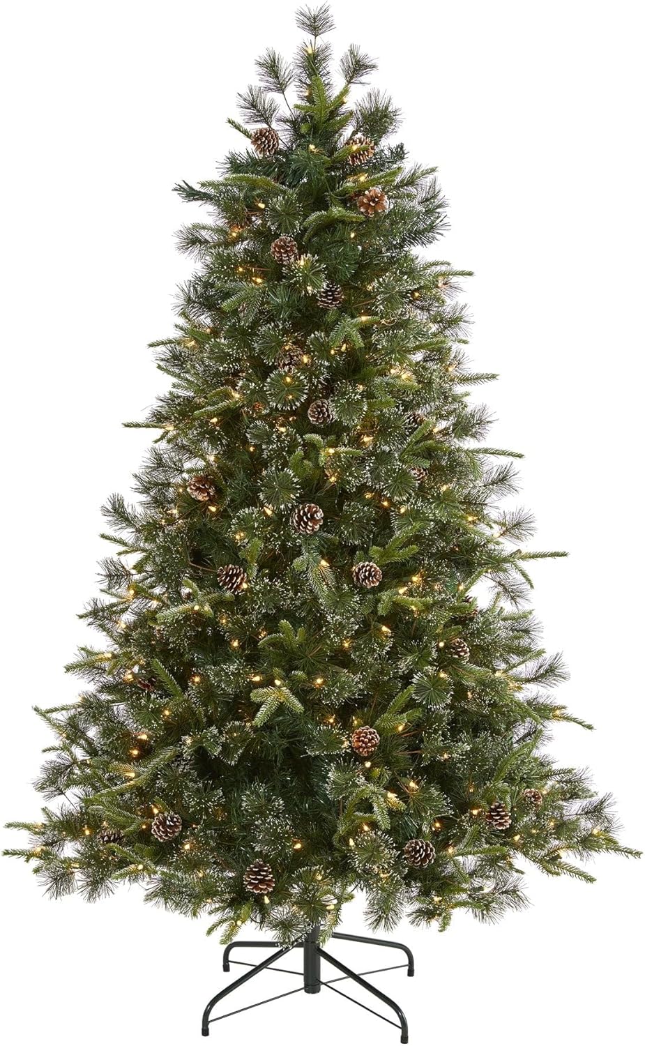 Nearly Natural 6ft. Snowed Tipped Clermont Mixed Pine Artificial Christmas Tree with 250 Clear LED Lights, Pine Cones and 1242 Bendable Branches Green