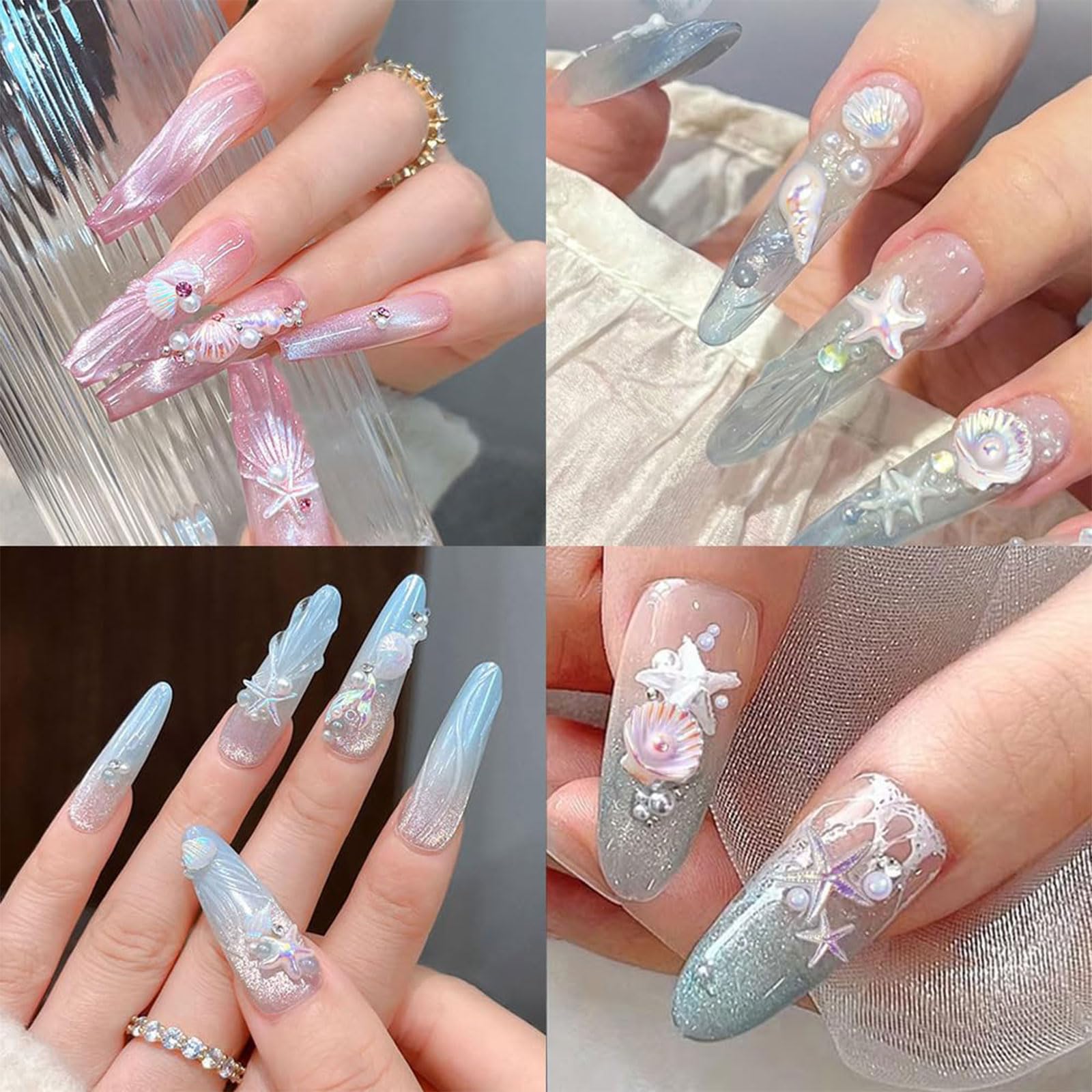 VelvetGlow Zawieszki do paznokci, 2 pudełka holograficznych kamieni do paznokci oceanicznych, laserowe zawieszki z żywicy 3D z motywem syrenki, palmy, muszli i rozgwiazdy, stras ze stopu