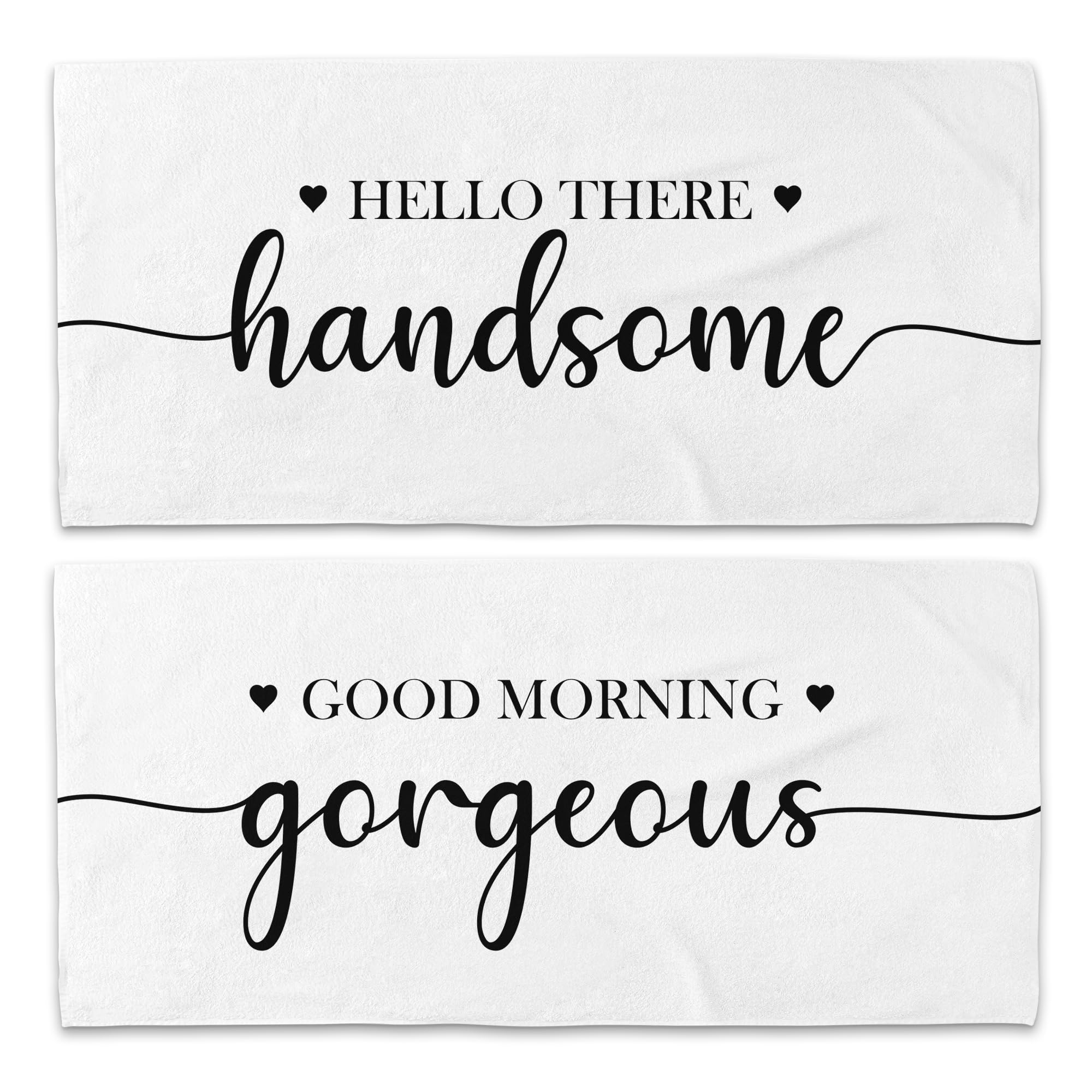 Juego de 2 toallas de playa con texto en inglés "Couple Good Morning Gorgeous Hello There Handsome Beach", para luna de miel, boda, San Valentín, regalos para novia, novio, para él y ella,