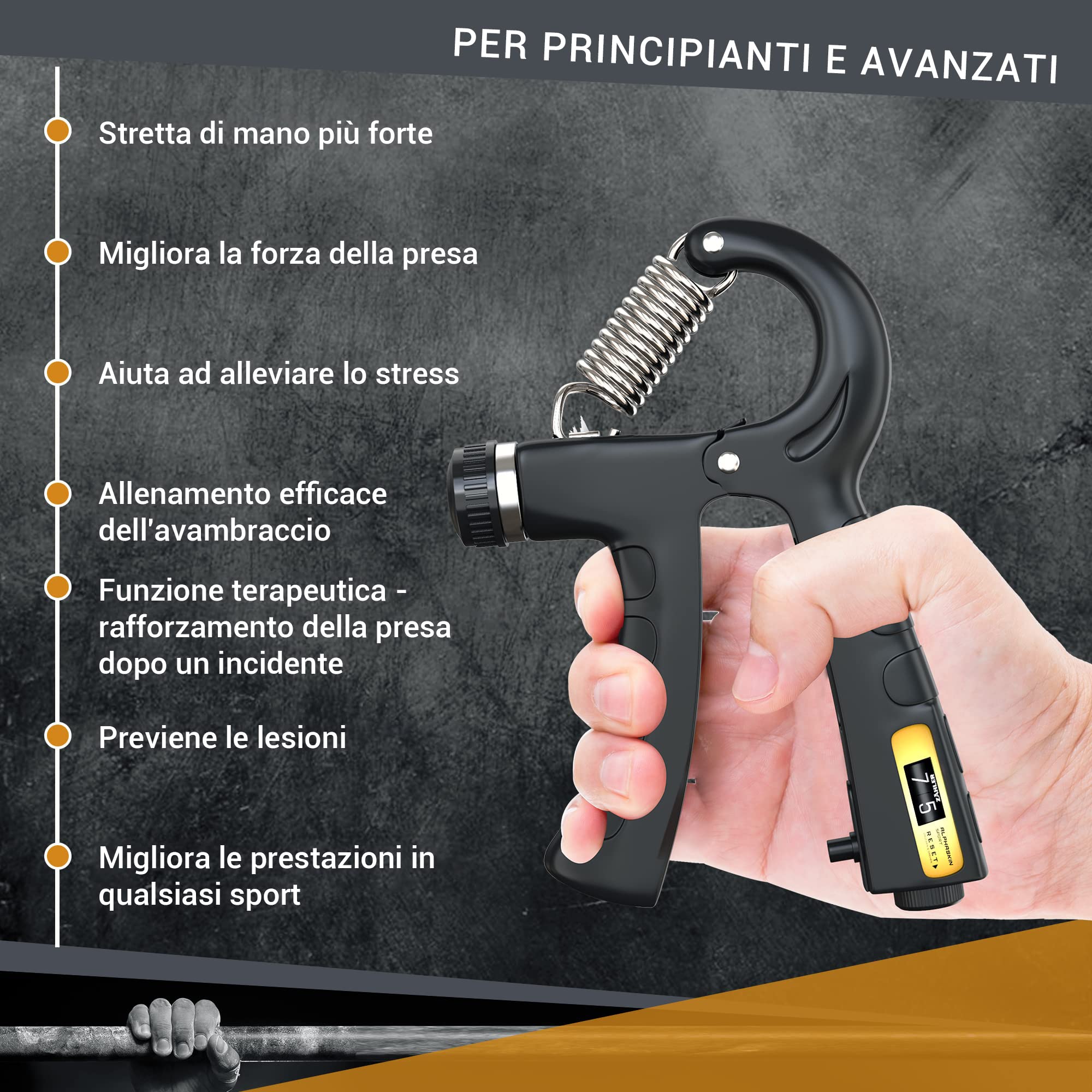 ALPHASKIN© Allenatore della Mano | Hand Grip | Allenatore della Forza della Presa | Set da 2 o Set da 5 | Attrezzi Palestra | Attrezzi Palestra casa