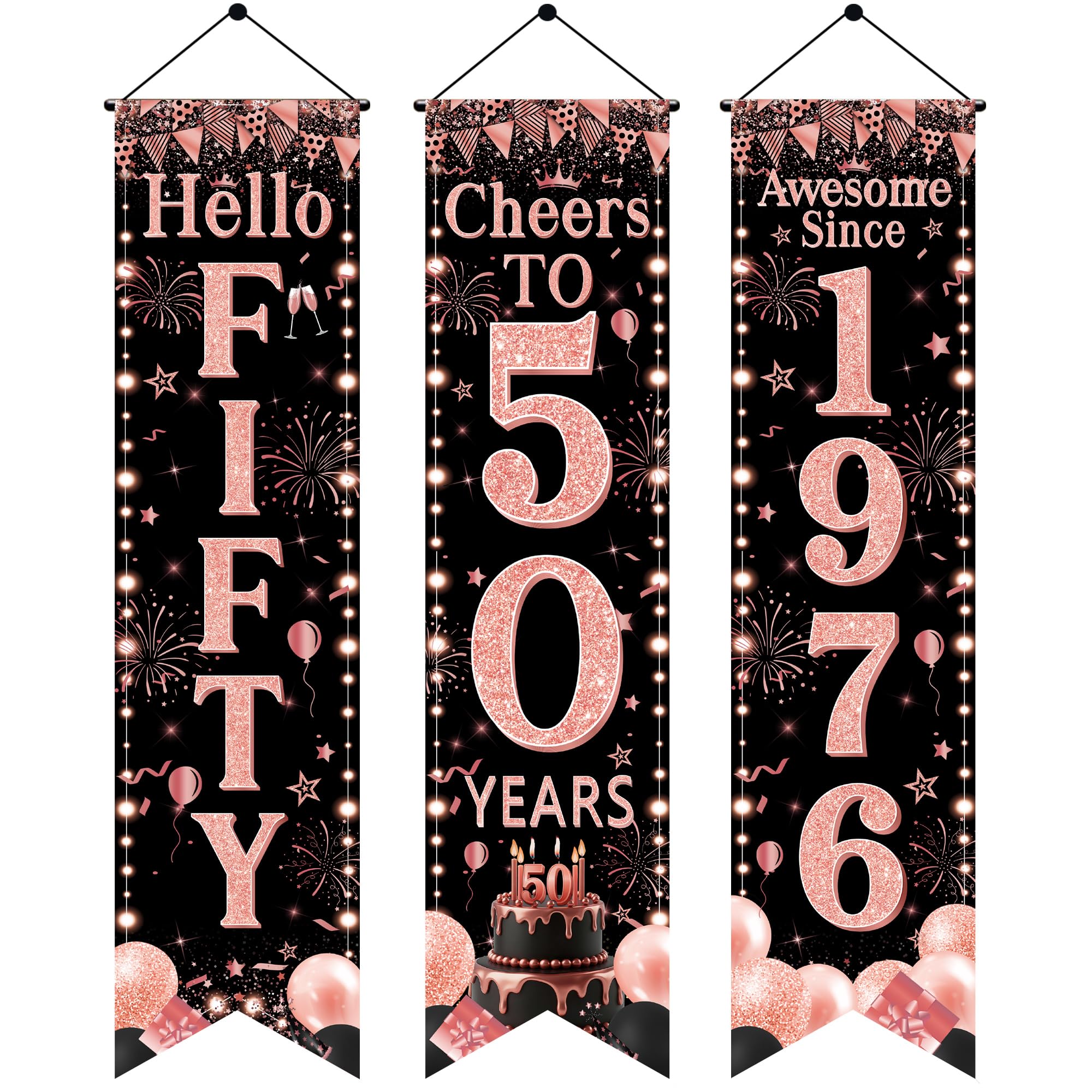 50th Birthday Door Banner Decorations - Black Rose Gold Hello Fifty Porch Signs 3.9x0.9ft, 3Pcs Cheers to 50 Years Awesome Since 1976 Hanging Banners for 50th Birthday Party Decor