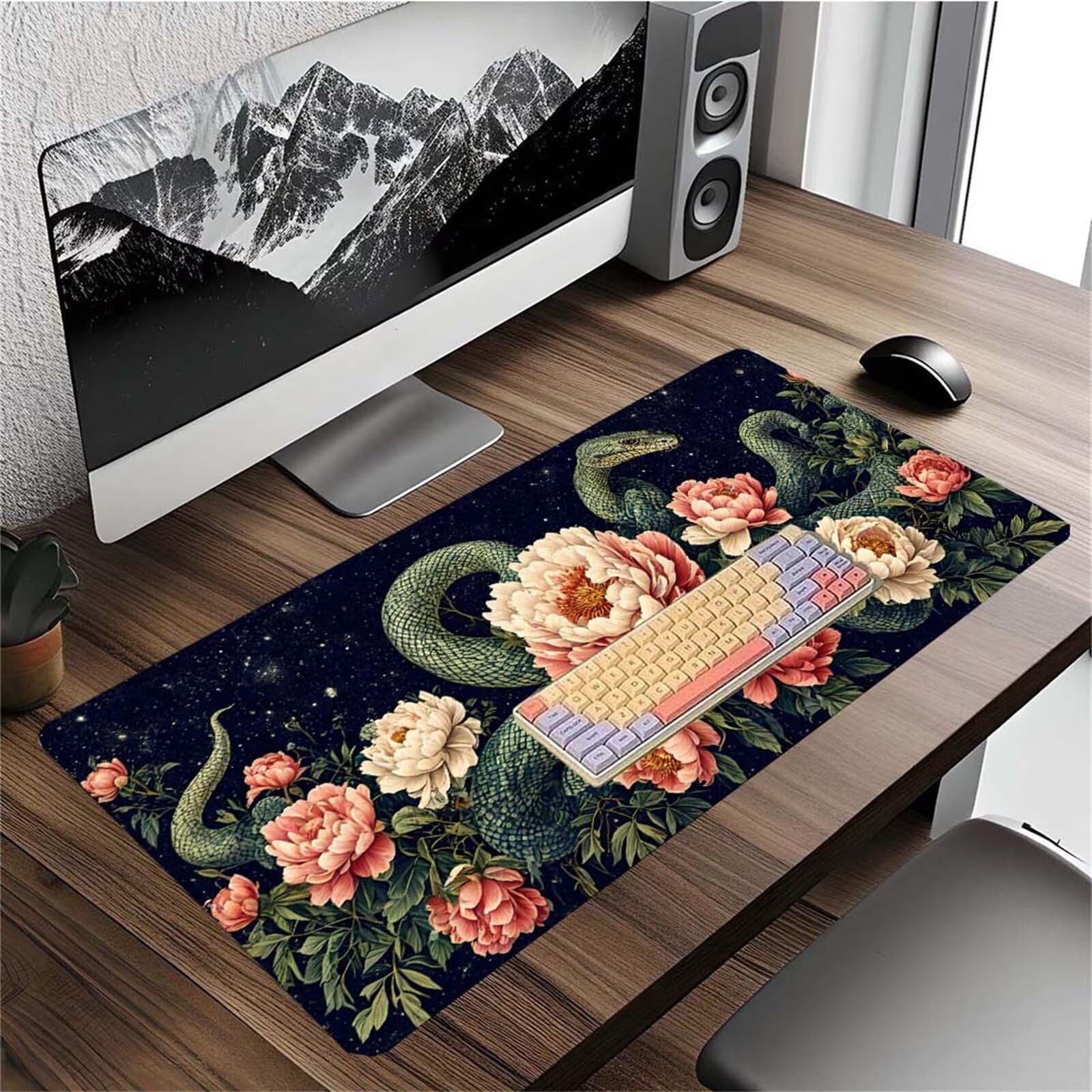 Alfombrilla Ratón Serpiente Flor Alfombrilla Ratón XXL 1400x600x3mm Mouse Pad Resiste Salpicaduras, Extendida de Gran Tamaño con Bordes Cosidos, Mejora la Precisión y la Velocidad,Antideslizante y-425