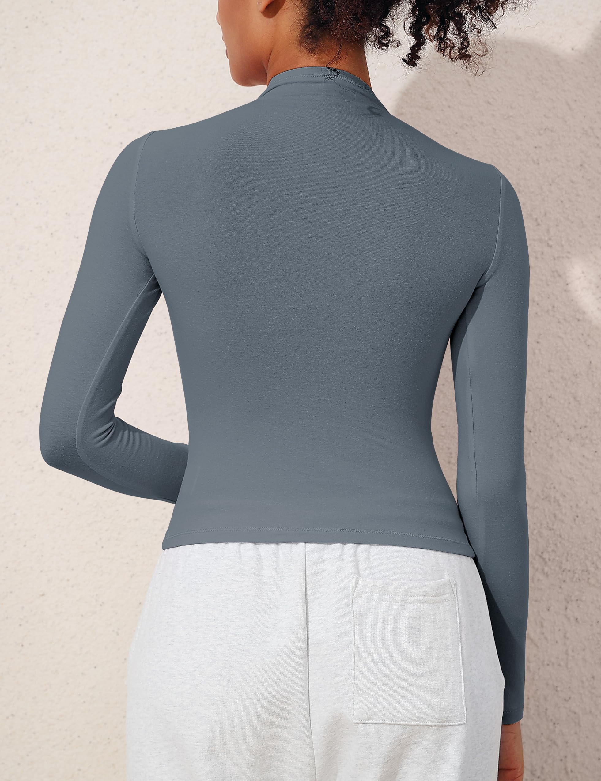 Hilor Camisetas de manga larga para mujer, básicas, de algodón, cuello alto, ajustadas, para salir, camisetas cortas Y2K