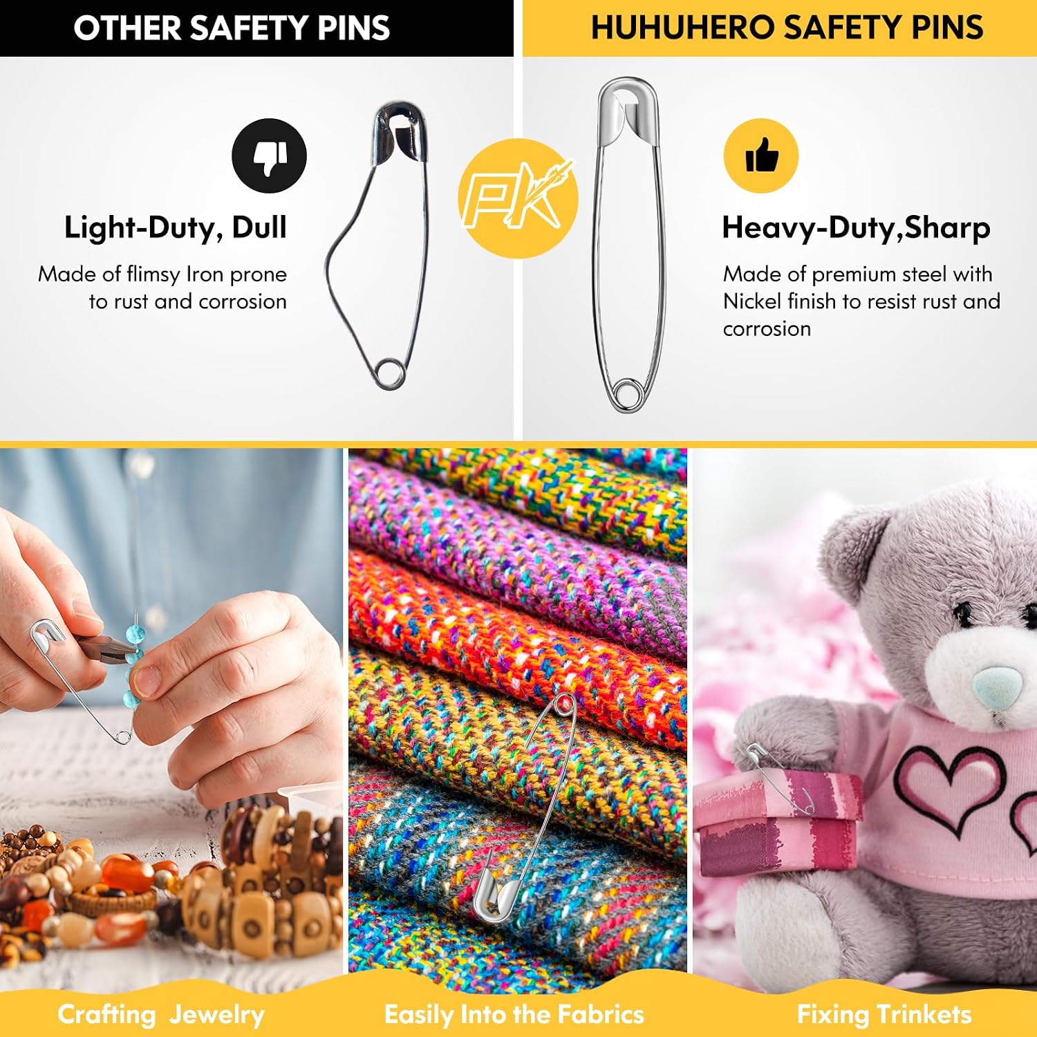 Huhuhero 365 Pcs Safety Pins for Clothes Sewing, 5 Assorted Sizes | Small & Large Sharp Edge Safety Pin Bulk for Craft Arts, Rust-Resistant Nickel-Plated Steel, Sliver
