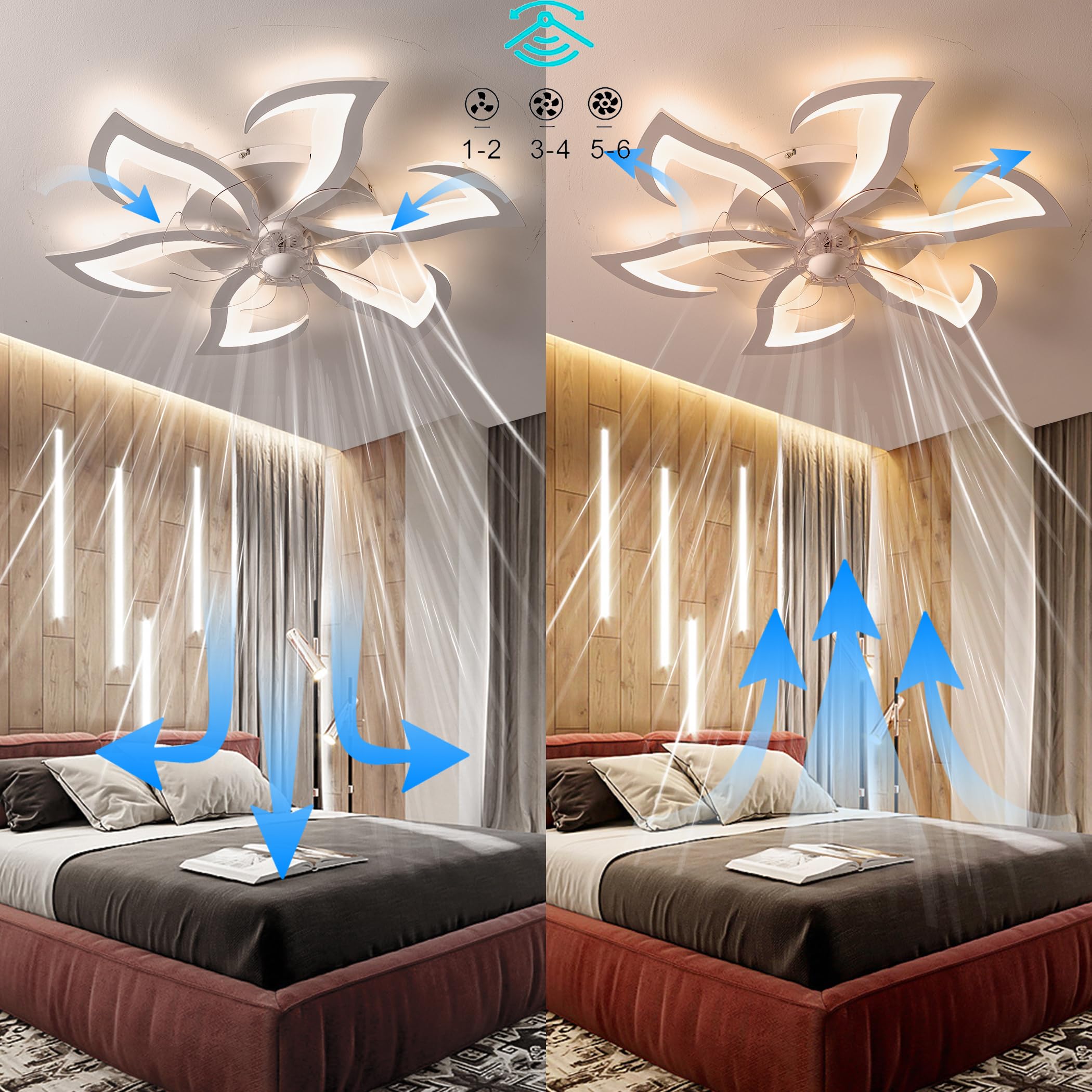 Ventilatore da Soffitto con Luce e telecomando, Dimmerabile LED Plafoniere, Lampada da soffitto con Ventilatore Regolabile 6 Velocità/Reversibili, Memoria, Tempistica (70cm/6 Luce)
