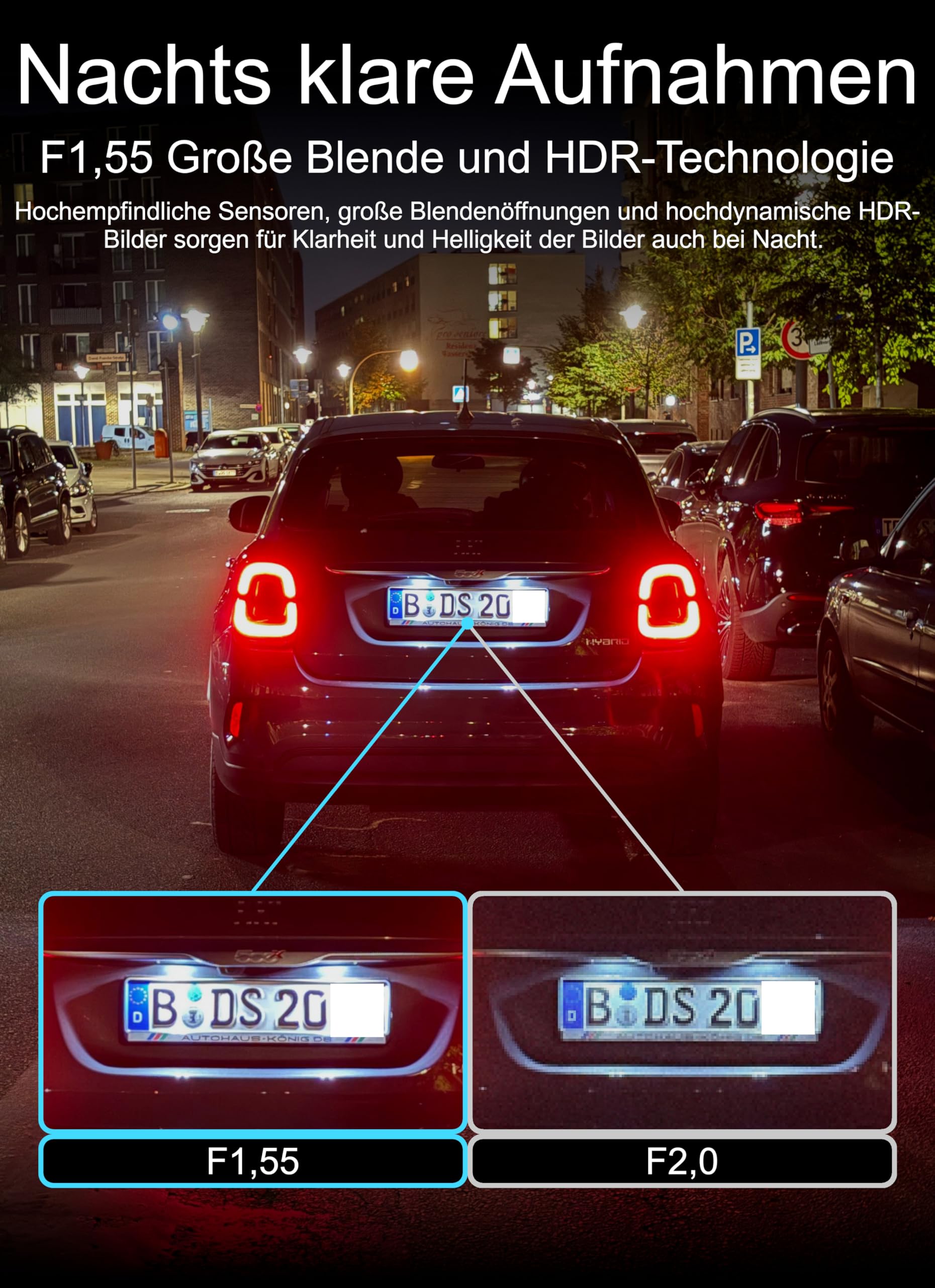 Dashcam Vorne+Hinten 4K/2K inkl. 64GB SD-Karte, 3,2" IPS Bildschirm, Night Vision, Parkraumüberwachung, Loop-Aufnahme, G-Sensor, WDR, GPS, WiFi, App