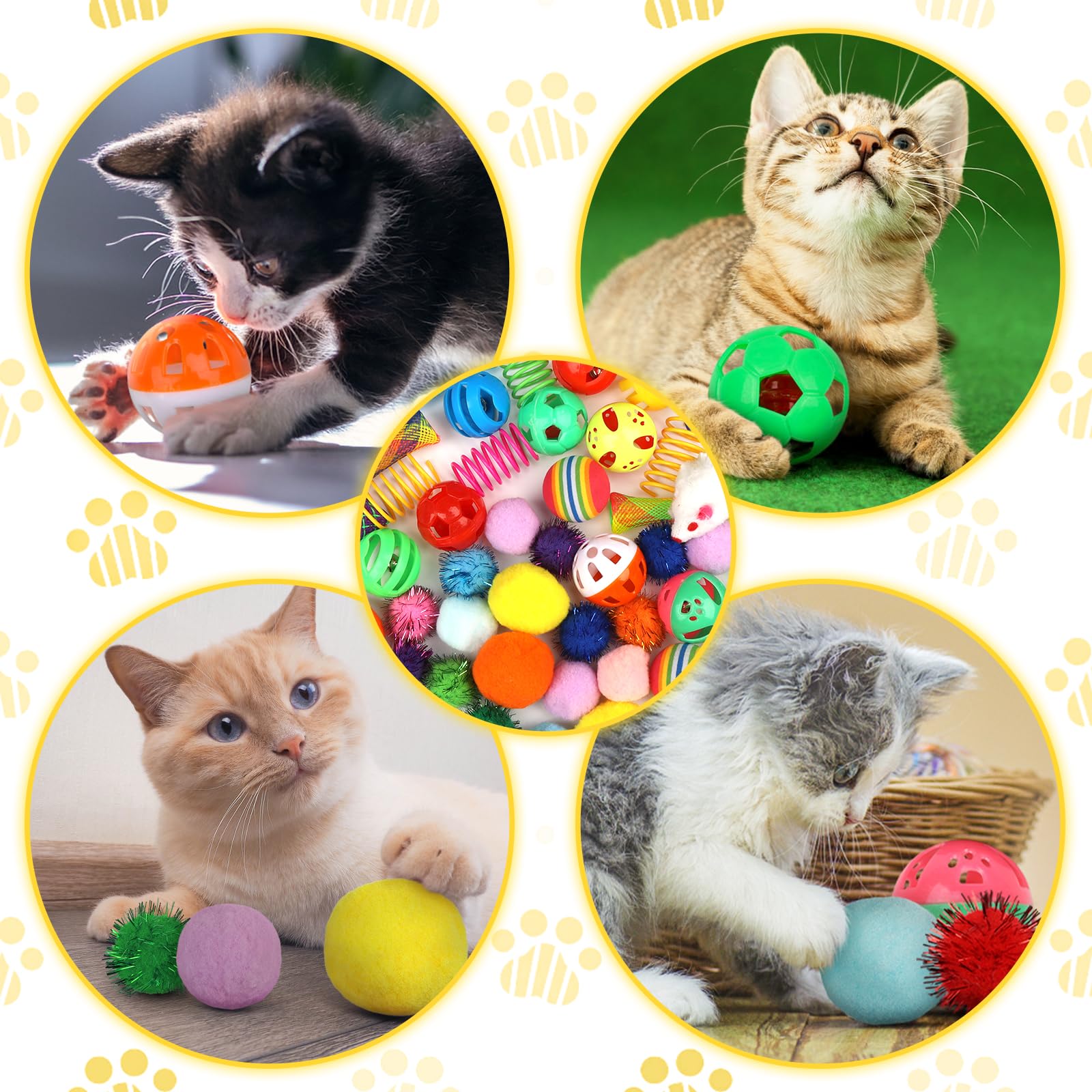 QUOZUO Juego interactivo para gatos, 60 resortes, bolas brillantes, juguetes de ratón, bolas arrugadas y pompones para gatitos