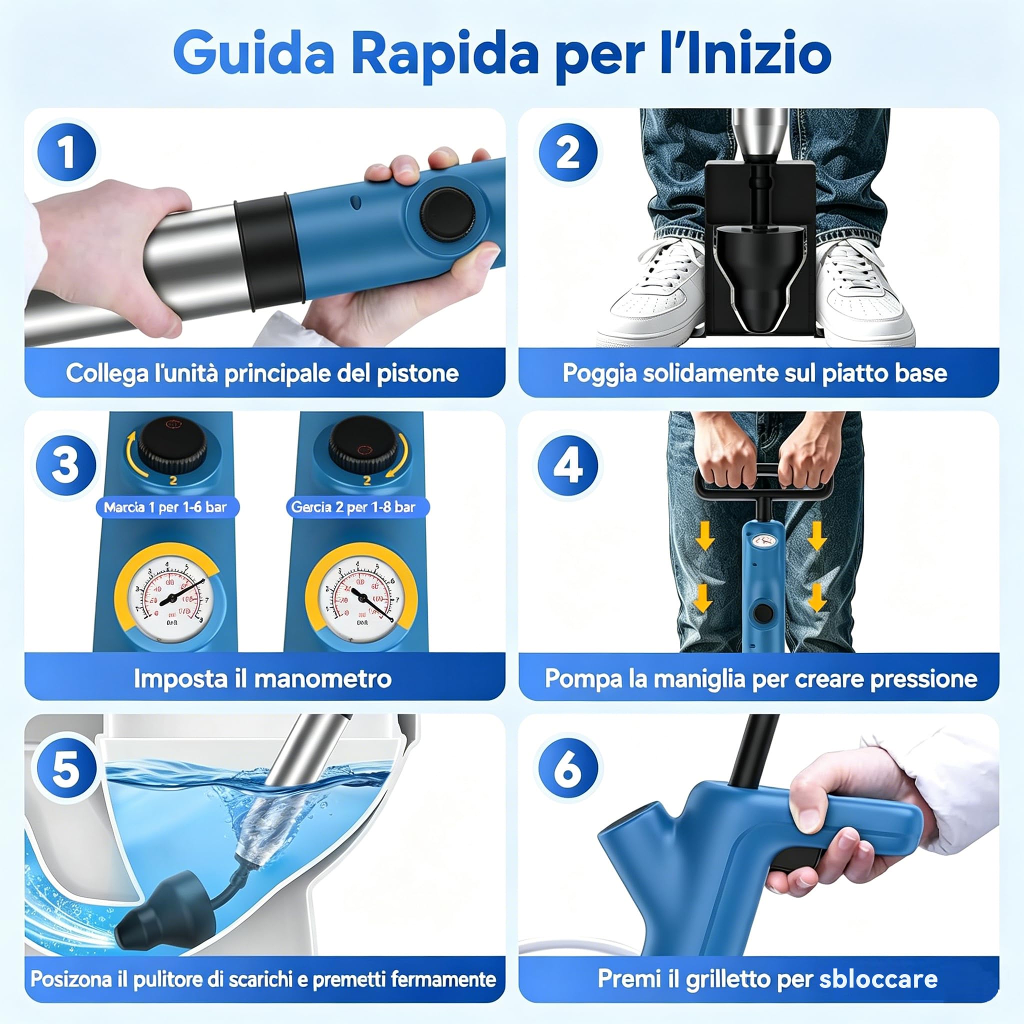 Deboucheur wc, pompe deboucheur canalisation, déboucheur canalisation haute pression, Tête de dragage flexible,Pression d'air maximale 8bar, Peut déboucher Toilette, Évier, Avec support suspendu