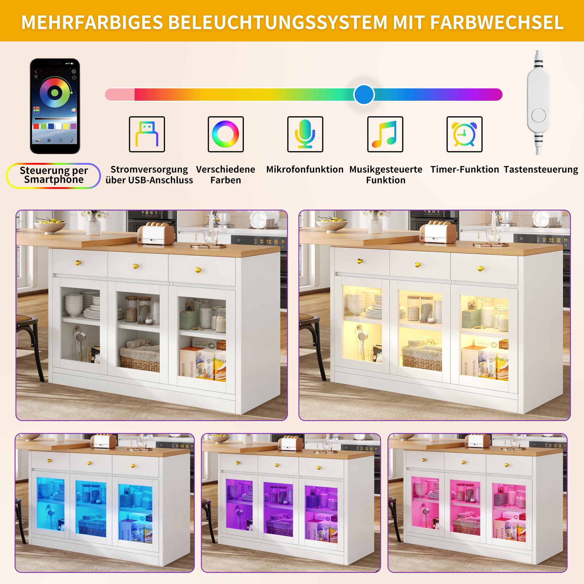 Tavolo da bar allungabile con vano portaoggetti, girevole a 360°, tavolo da pranzo pieghevole, 3 porte, 3 cassetti, isola da cucina, per soggiorno, sala da pranzo, 120-200 x 40 x 75,5 cm