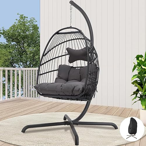 Miniatura 34 de Silla colgante de huevo, de mimbre y ratán, cojines resistentes a los rayos ultravioleta, capacidad de 350 libras, para dormitorio, balcón, patio