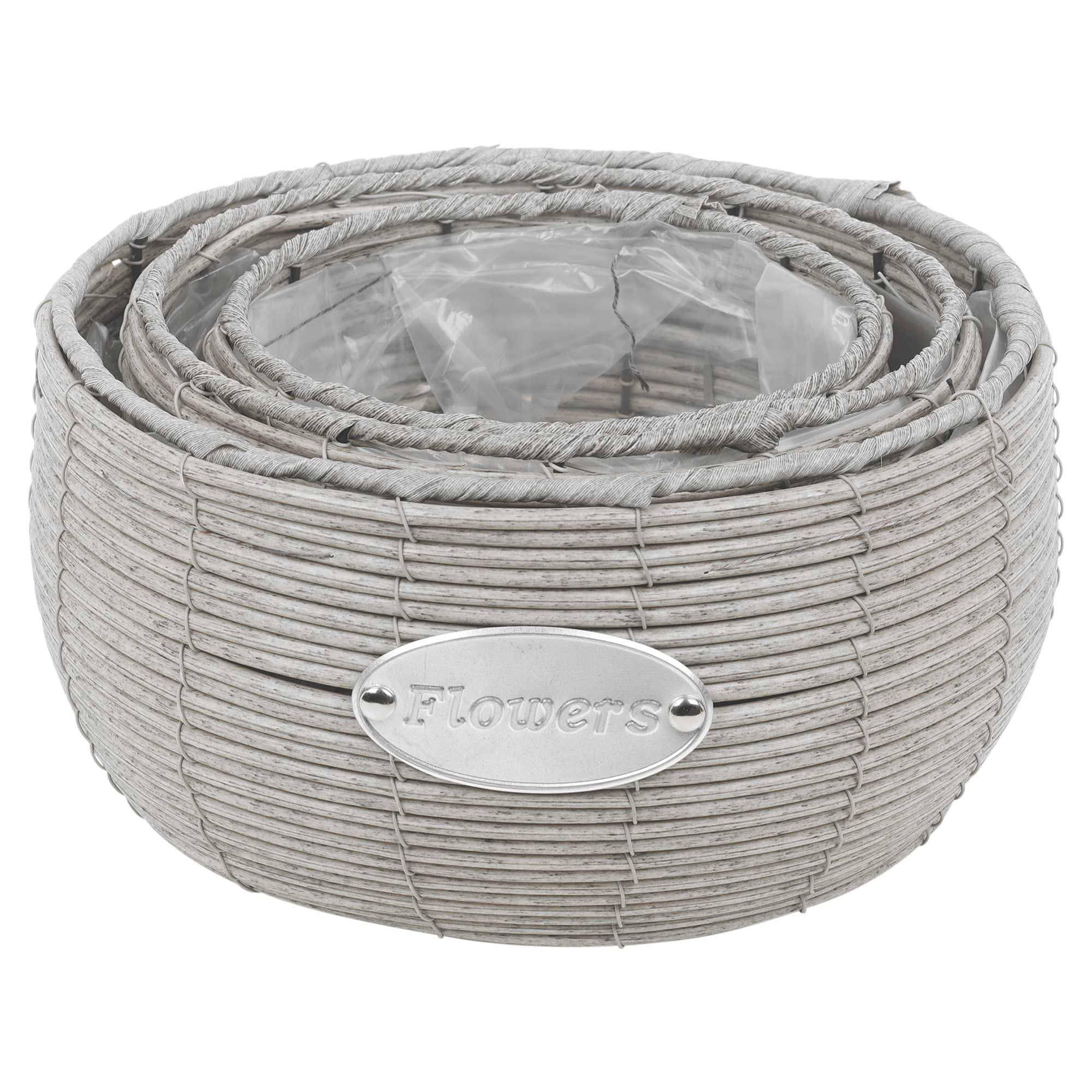 URBN GARDEN 3 Pcs Light Grey Round Outdoor Short Tall Rattan Design Flower Plant Pot Planter Basket (Short)