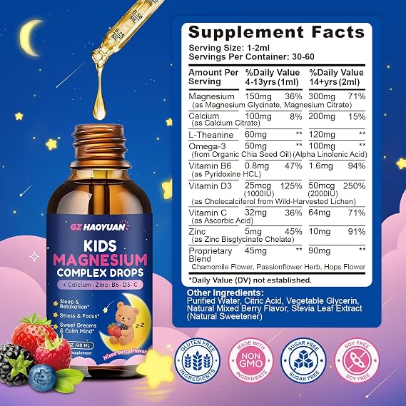 Kids Magnesium Liquid Drops - Magnesium Glycinate Drops for Kids, Citrate Liquid with Calcium, Omega-3, L-theanine, Zinc,Vitamin B6 D3 C for Sleep,Relaxation,Calm & Focus,Mixed Berry Flavor,2 Fl Oz
