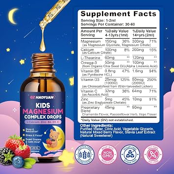 Kids Magnesium Liquid Drops - Magnesium Glycinate Drops for Kids, Citrate Liquid with Calcium, Omega-3, L-theanine, Zinc,Vitamin B6 D3 C for Sleep,Relaxation,Calm & Focus,Mixed Berry Flavor,2 Fl Oz