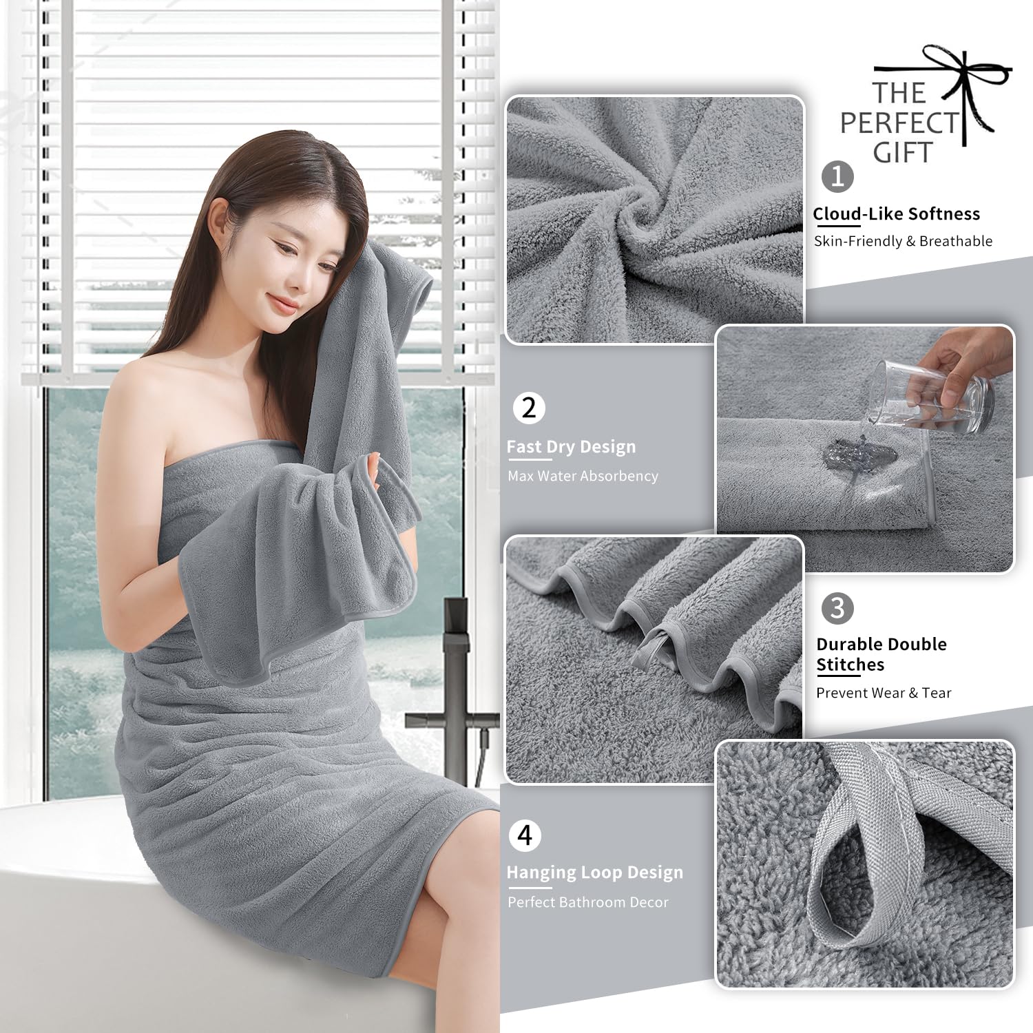Lot de 4 draps de Bain Extra Larges (88,9 x 177,8 cm) – Serviette de Bain surdimensionnée Ultra Douce pour Salle de Bain et hôtel, Peluche très absorbante à séchage Rapide, pour Adultes, Gris