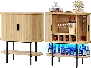 DWVO Bar Cabinet with LED Lights, Oval-Shaped Wine Bar Table with 2 Glass Holders, 4 Wine Racks, Open Shelf, Fluted Coffee Bar Liquor Cabinet for Home, Kitchen, Living Room, Natural Oak