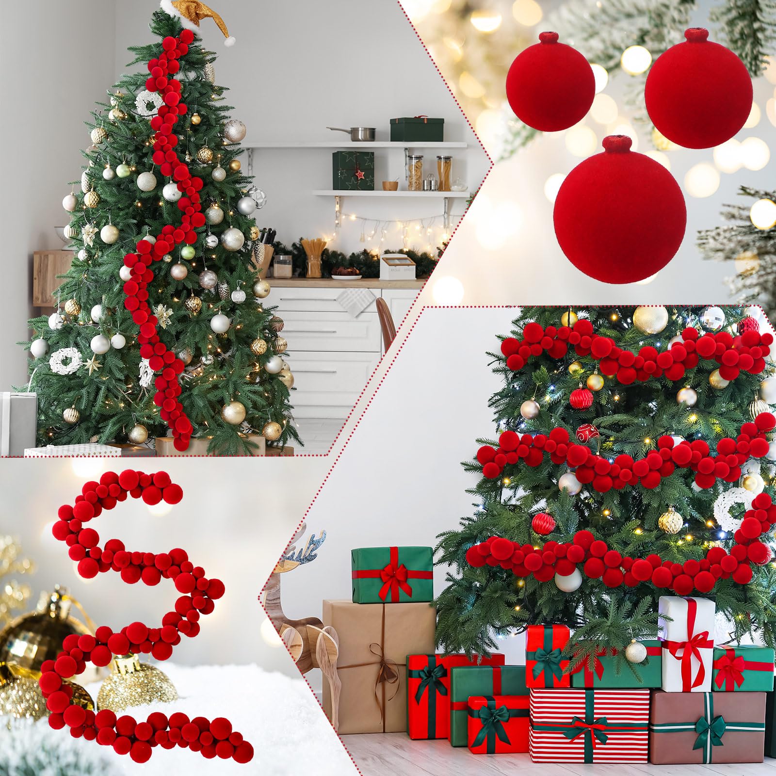 Xinnun Guirnalda de Bolas de Terciopelo de Navidad de 6 pies, Adornos de Navidad para Colgar, Bolas de Terciopelo inastillables, Decoraciones para el hogar, Interiores y Exteriores, Mantel de