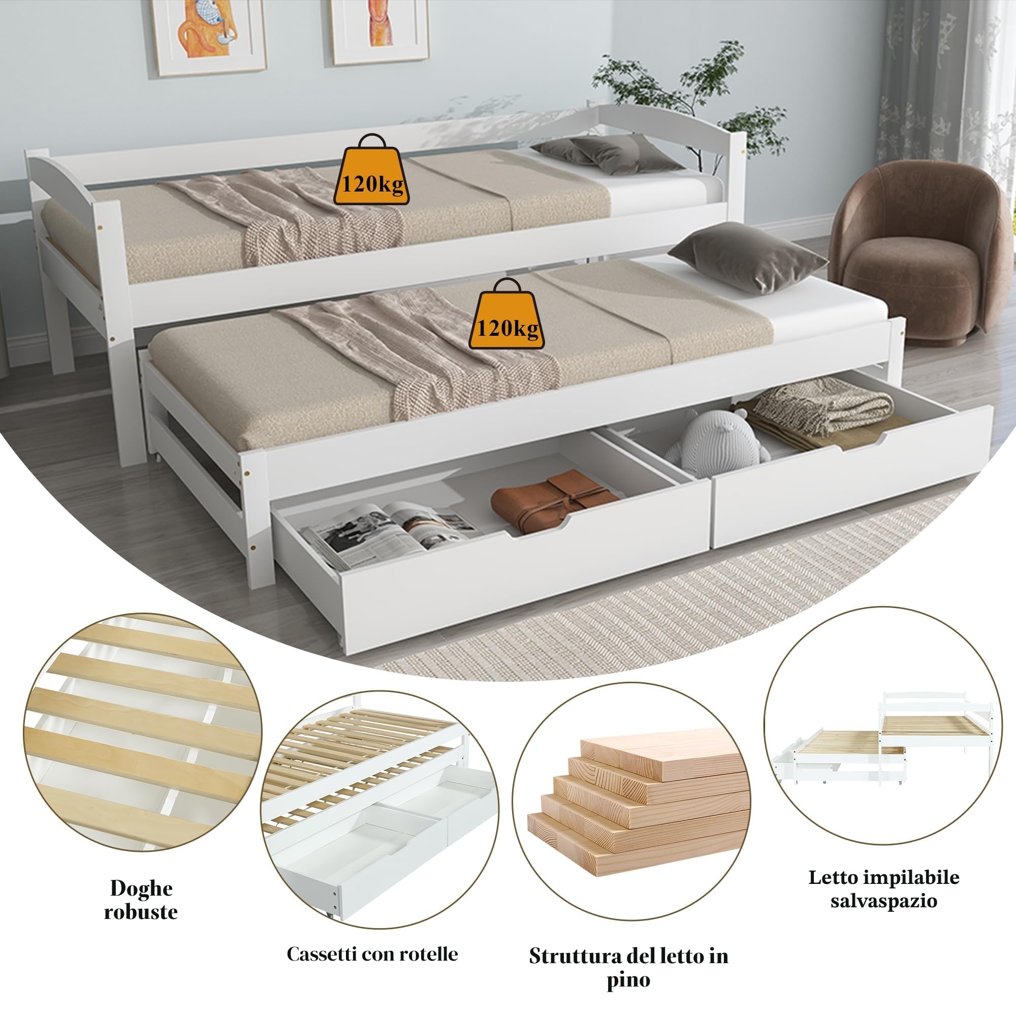 Moimhear Letto singolo e matrimoniale, letto scorrevole con ruote in basso, con 2 cassetti in MDF, struttura in legno massello, bianco (90x200cm/90x190cm)