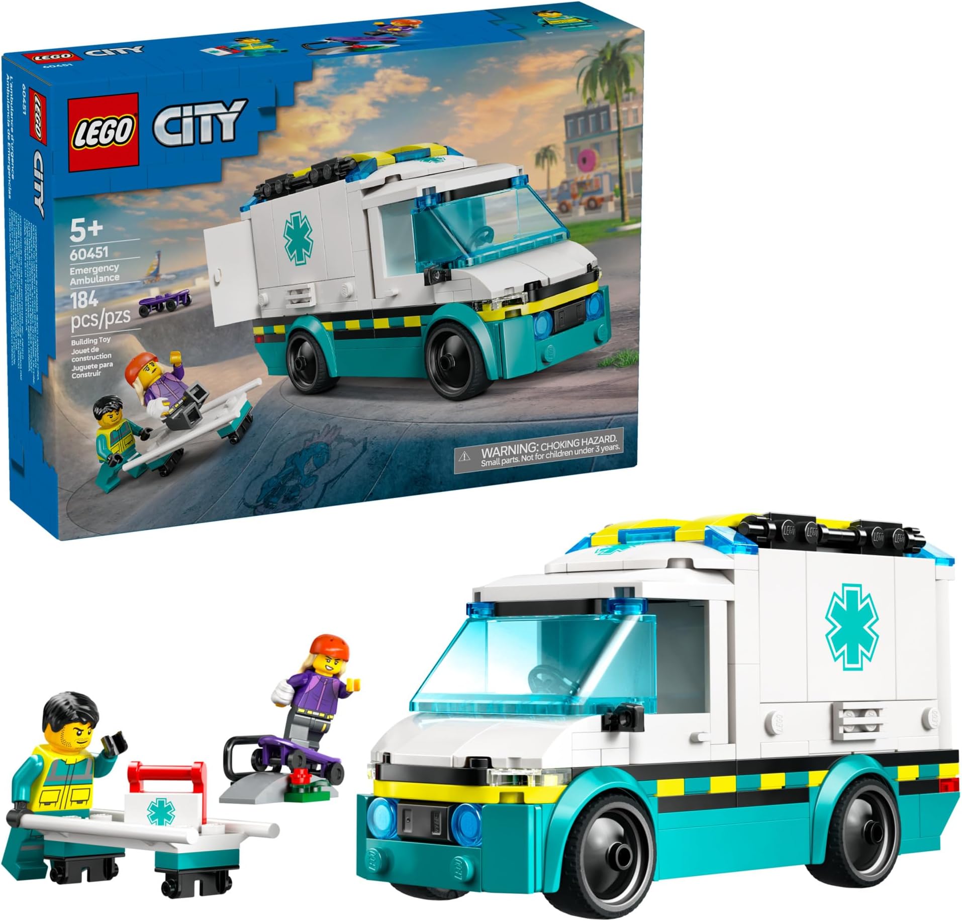 City Emergency Ambulance Toy - Building Sensory Toy for Kids, Boys and Girls, Ages 5+ - Educational, Learning Gift Idea for Birthdays and Holidays - Skateboarder and Driver Minifigures - 60451