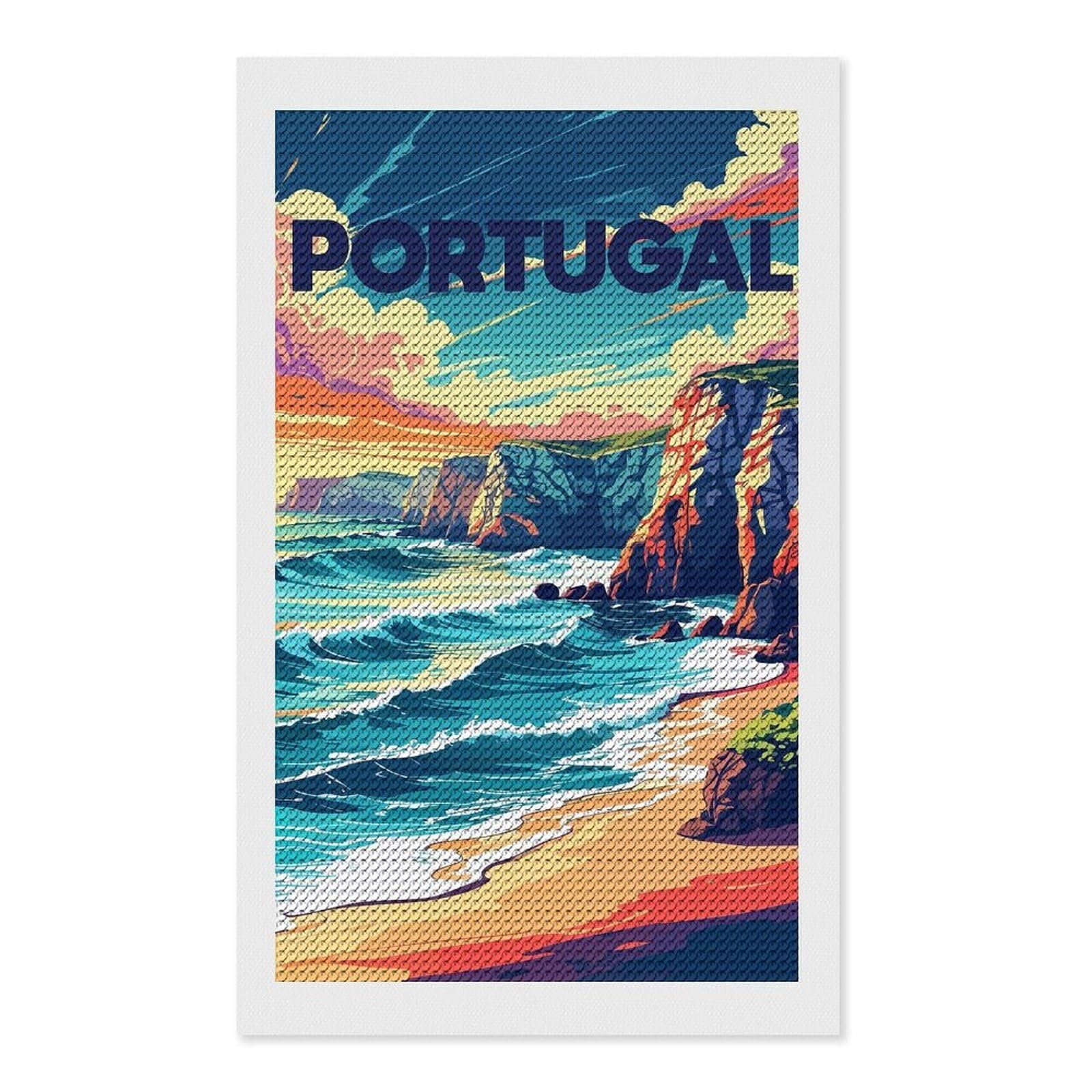 Junmoney Portugal Coastline Travel Diamond Painting Canvas Set 12"x20", Boho Decor, for Craft Lovers, Easy Handmade Project, Holiday Gift Idea