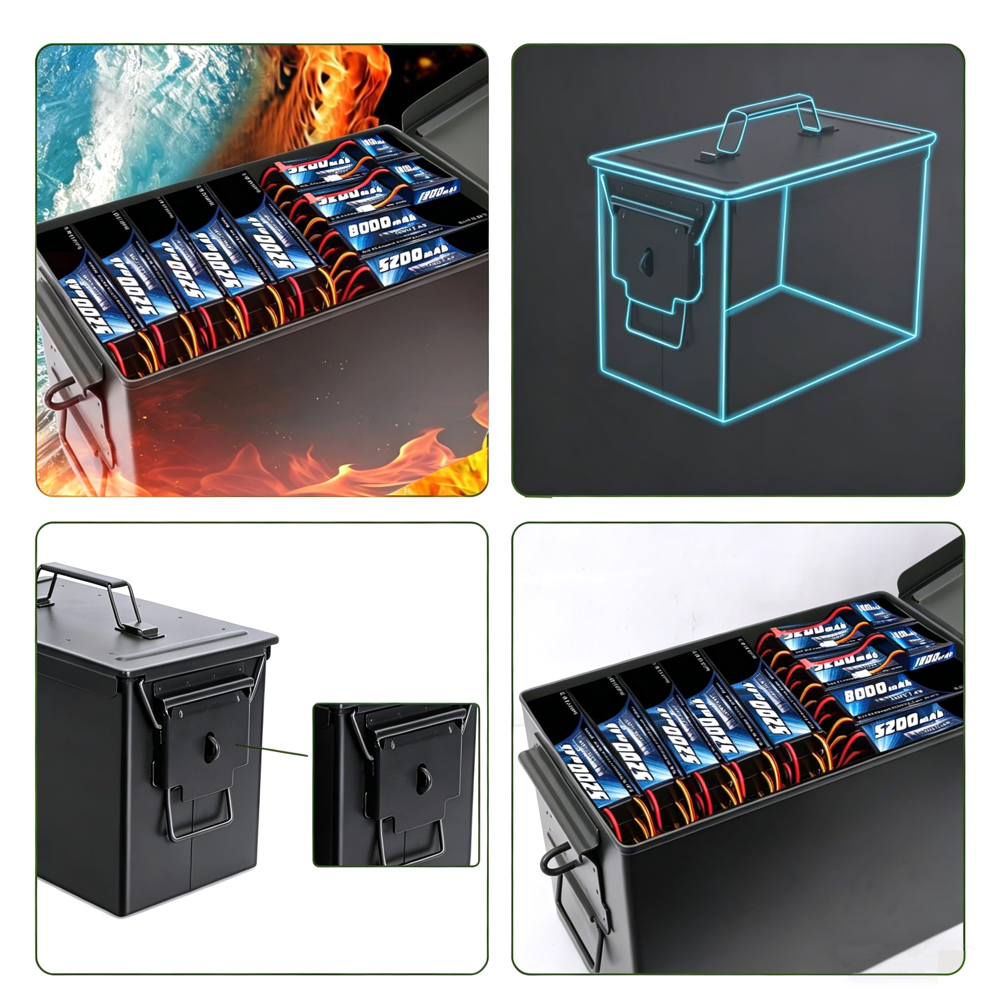 Aufbewahrungsbox für Munitionsdose und Munitionskoffer, Lithium-Batterie-Metall-Aufbewahrungsbox, feuerfest, wasserdicht, luftdicht, verwendet für Lithium-Batterien und Munitionsaufbewahrung