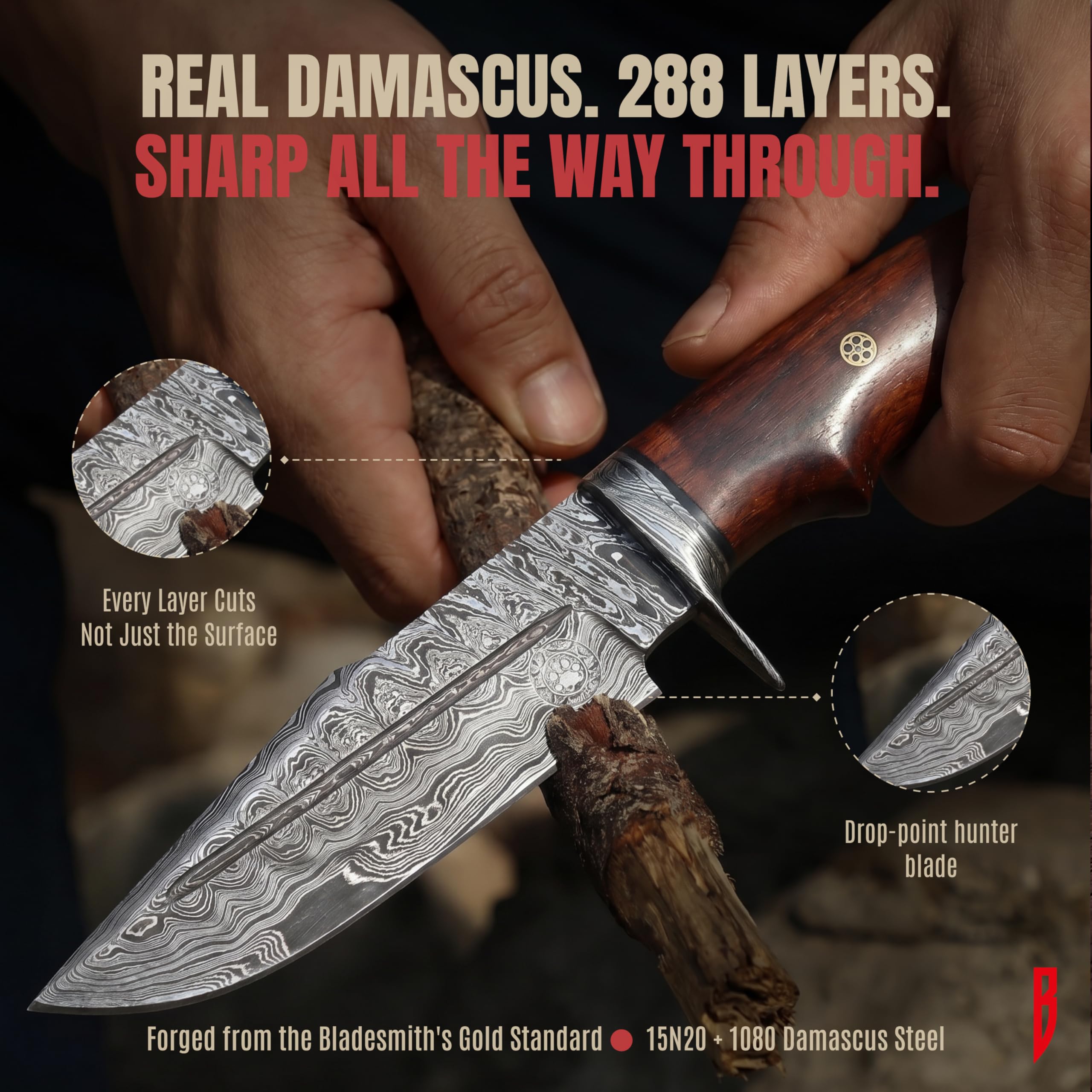 BIGCAT ROAR Deer Hunter - Coltello da Caccia in Acciaio Damasco Artigianale 25 4 cm - Manico in Legno di Noce e Fodero in Cuoio - Bushcraft Campeggio Sopravvivenza - Regalo Uomo Cacciatore