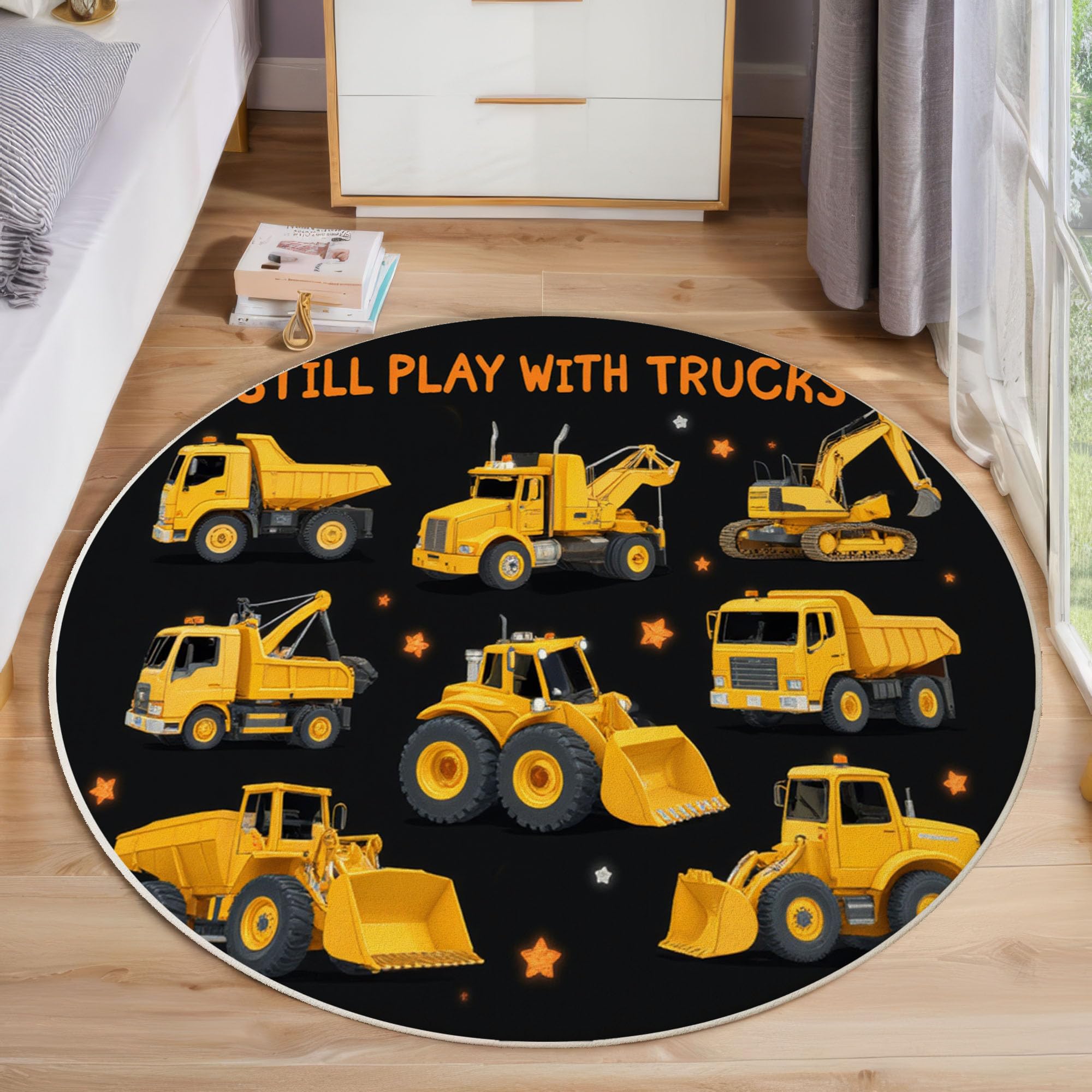 Tappeto Rotondo Salotto 140cm Tappetini a Pelo Corto Veicoli Da Costruzione Antiscivolo Lavabile Bambino Scendiletto per Bambini Cameretta, Zona Balcone, Tappeto Tavolino, Nero