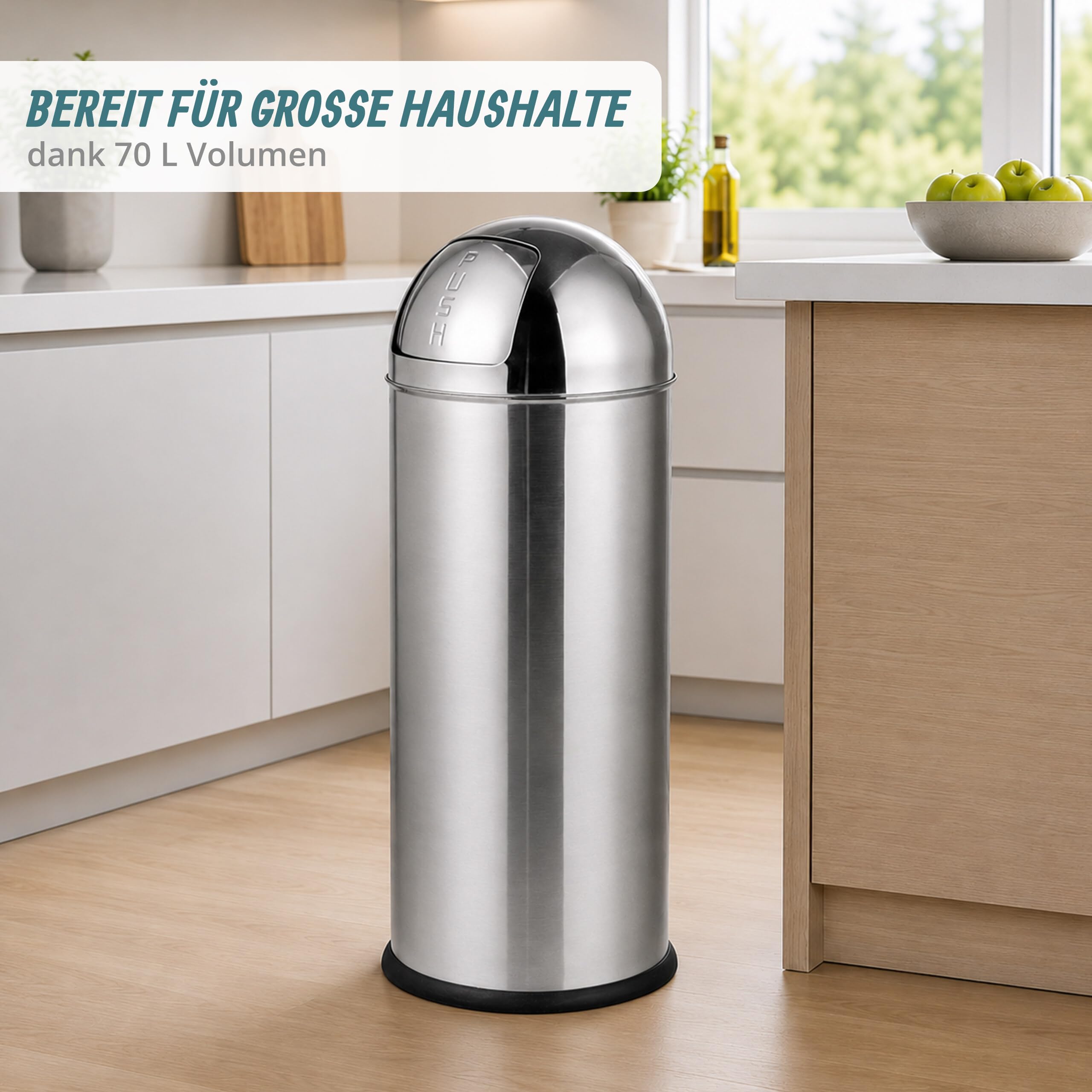 Relaxdays Mülleimer, 70 Liter, Push-Deckel, Edelstahl, entnehmbarer Inneneimer, Küche, Badezimmer, Abfalleimer, silber