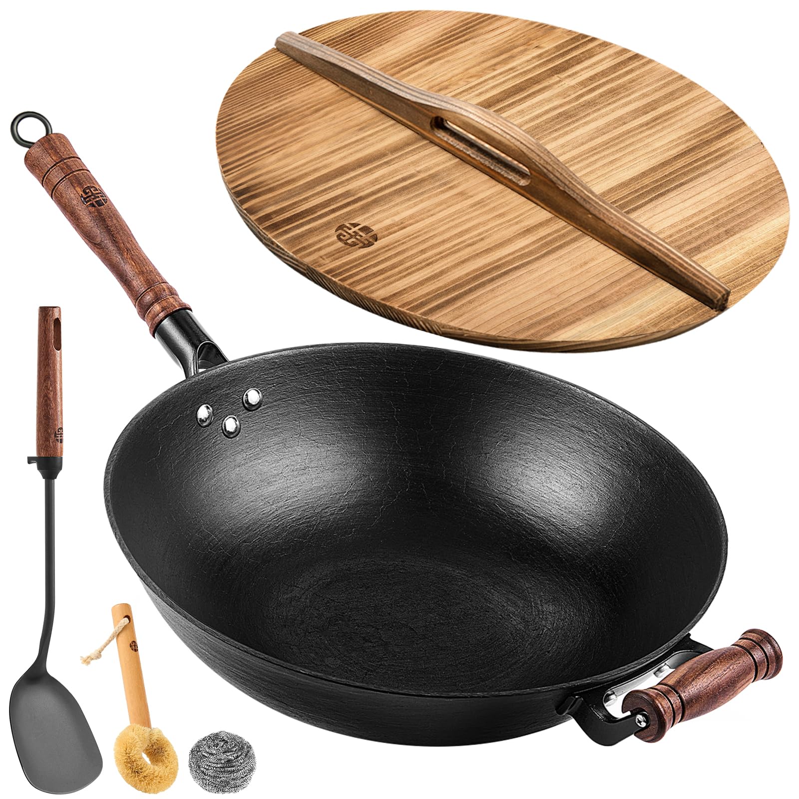 WANGYUANJI Cast Iron Wok with Lid Detachable Handle
