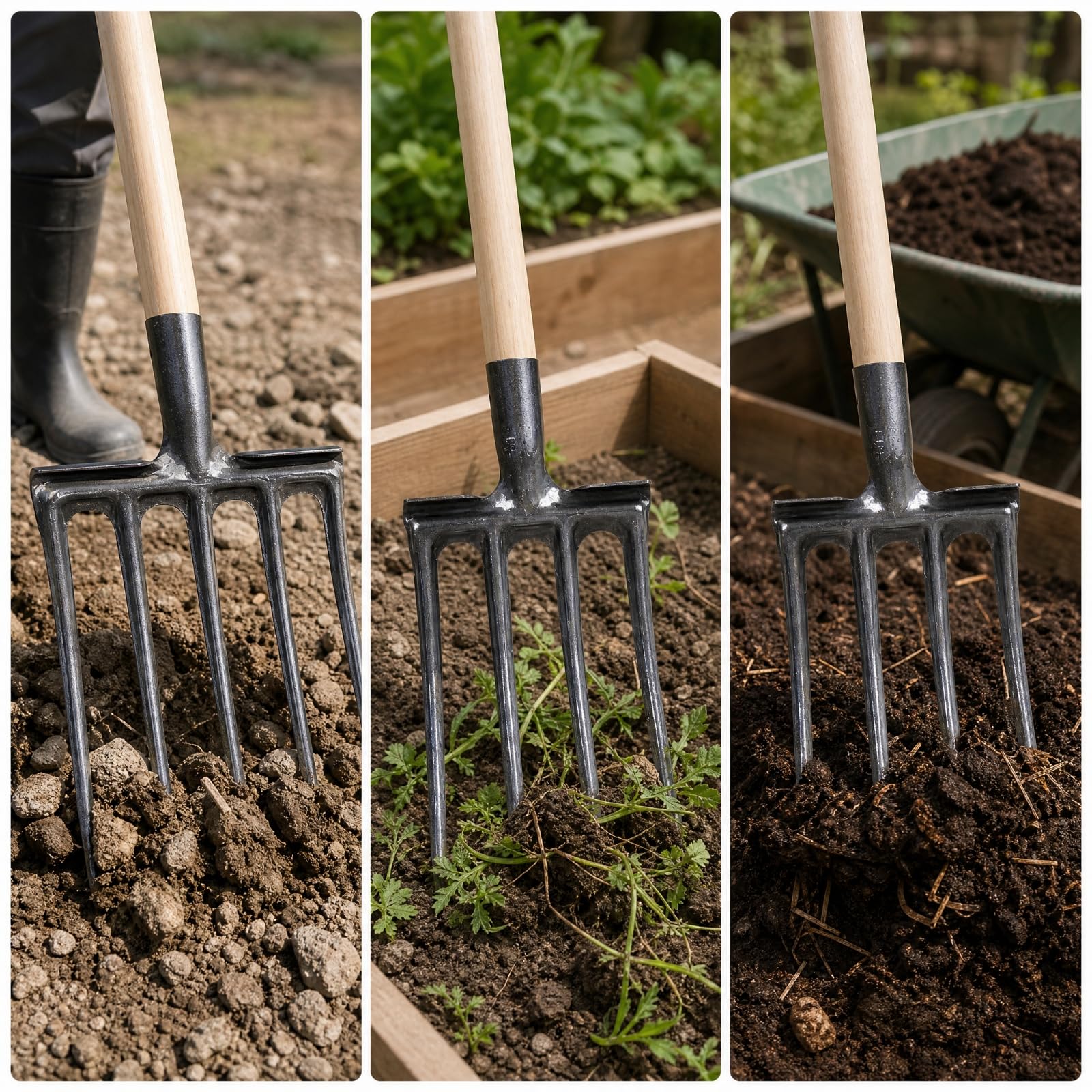 Forcone con Testa in Acciaio Al Manganese Forgiato Forcone Agric Manuale Ergonomico Giardino per Orto, Forcella Acciaio 5 Denti