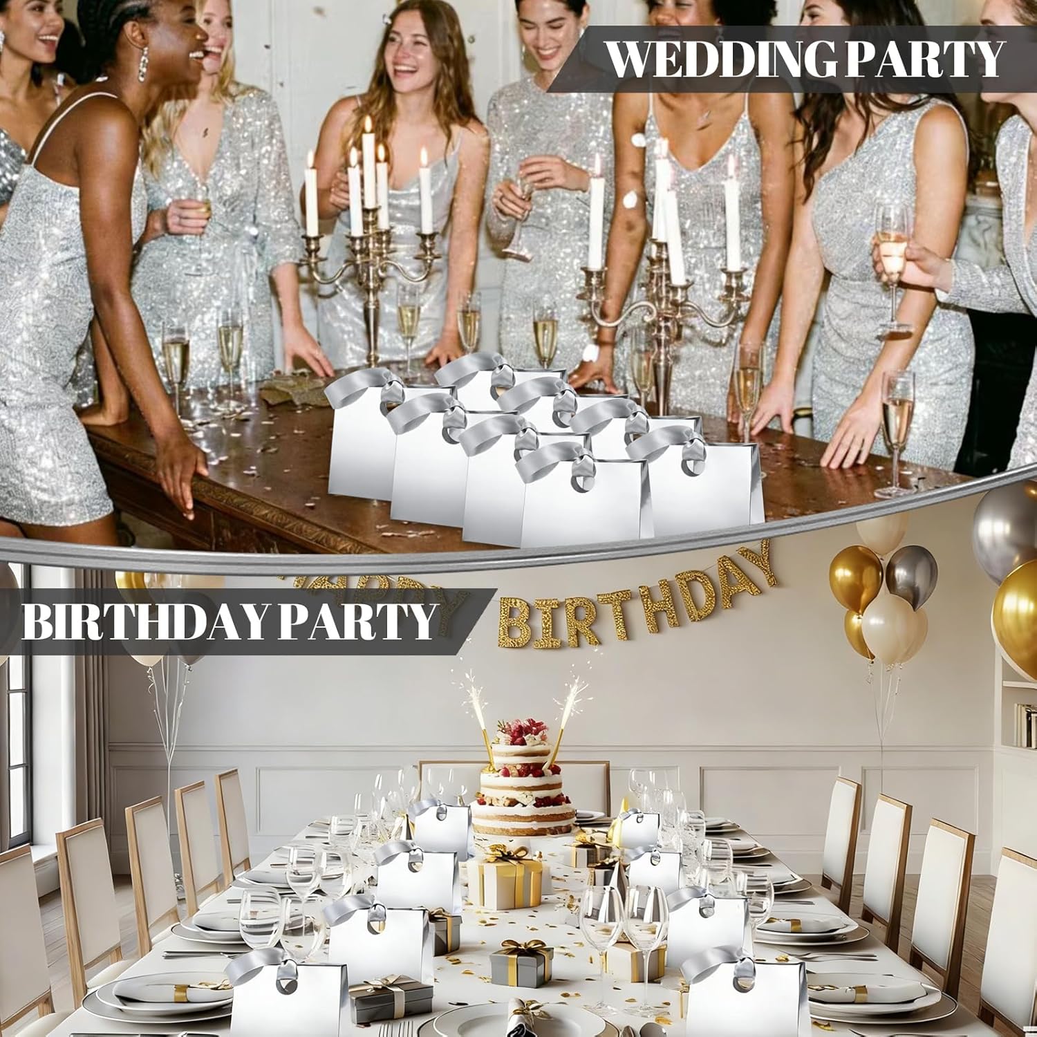 Feifeiya 30 Pcs Small Silver Gift Bags with Ribbon Handles 7.87" x 3.54" x 7.09" Bulk Paper Goodie Bags for Birthday Wedding Bridal Baby Shower Party Favors