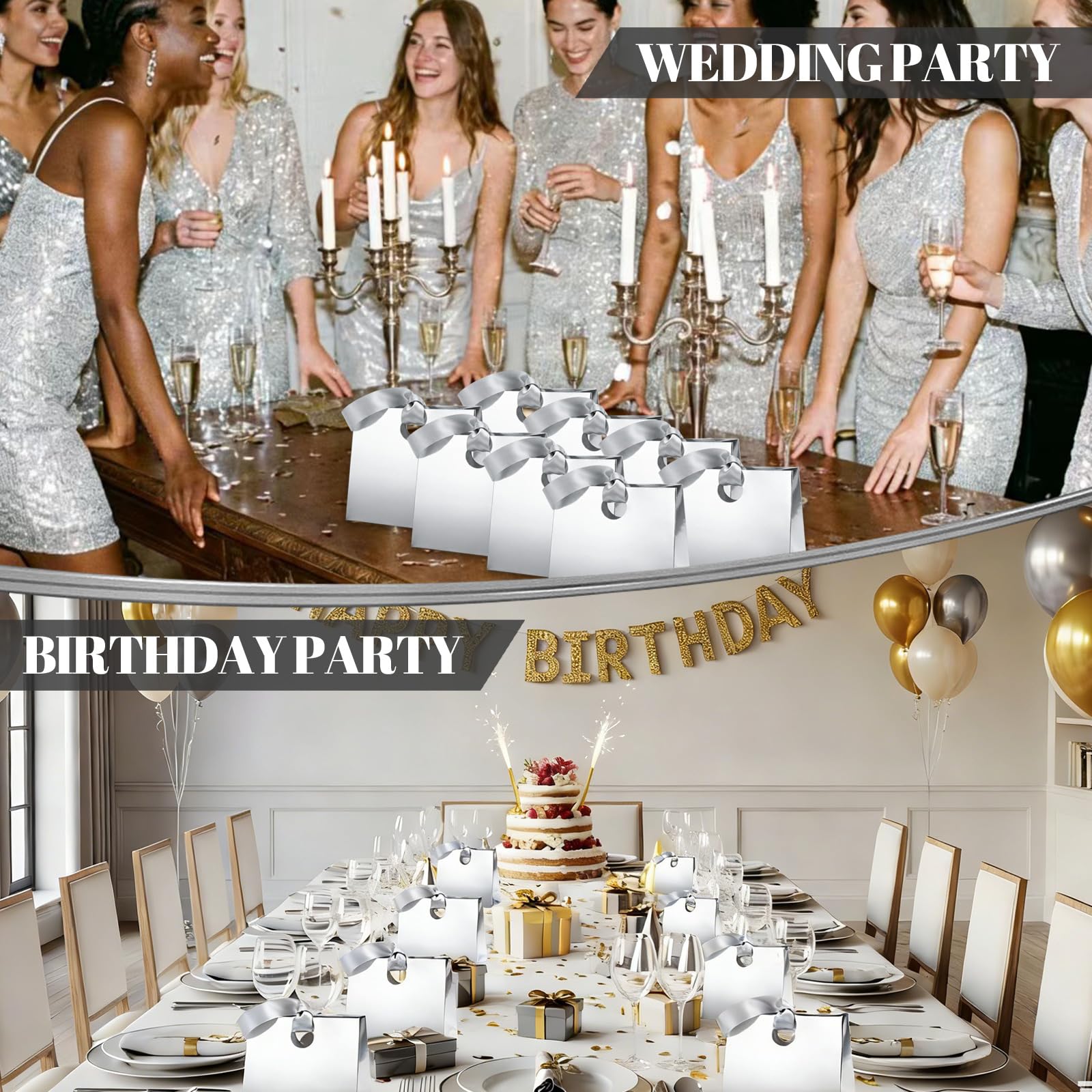 Feifeiya 30 Pcs Small Silver Gift Bags with Ribbon Handles 7.87" x 3.54" x 7.09" Bulk Paper Goodie Bags for Birthday Wedding Bridal Baby Shower Party Favors