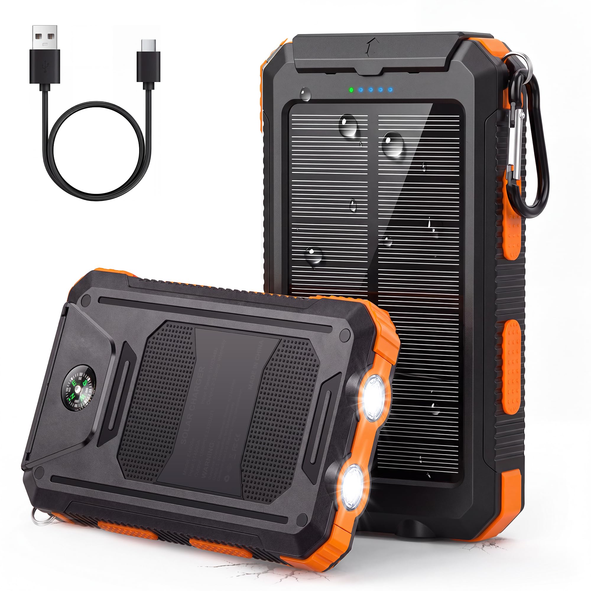 36800mAh Solar Power Bank-QC3.0 Fast Charging Portable Charger | Dual USB Outputs, IP65 Water-Resistant Housing, 3-Mode LED Flashlight, Compass and Carabiner for Camping and Emergencies