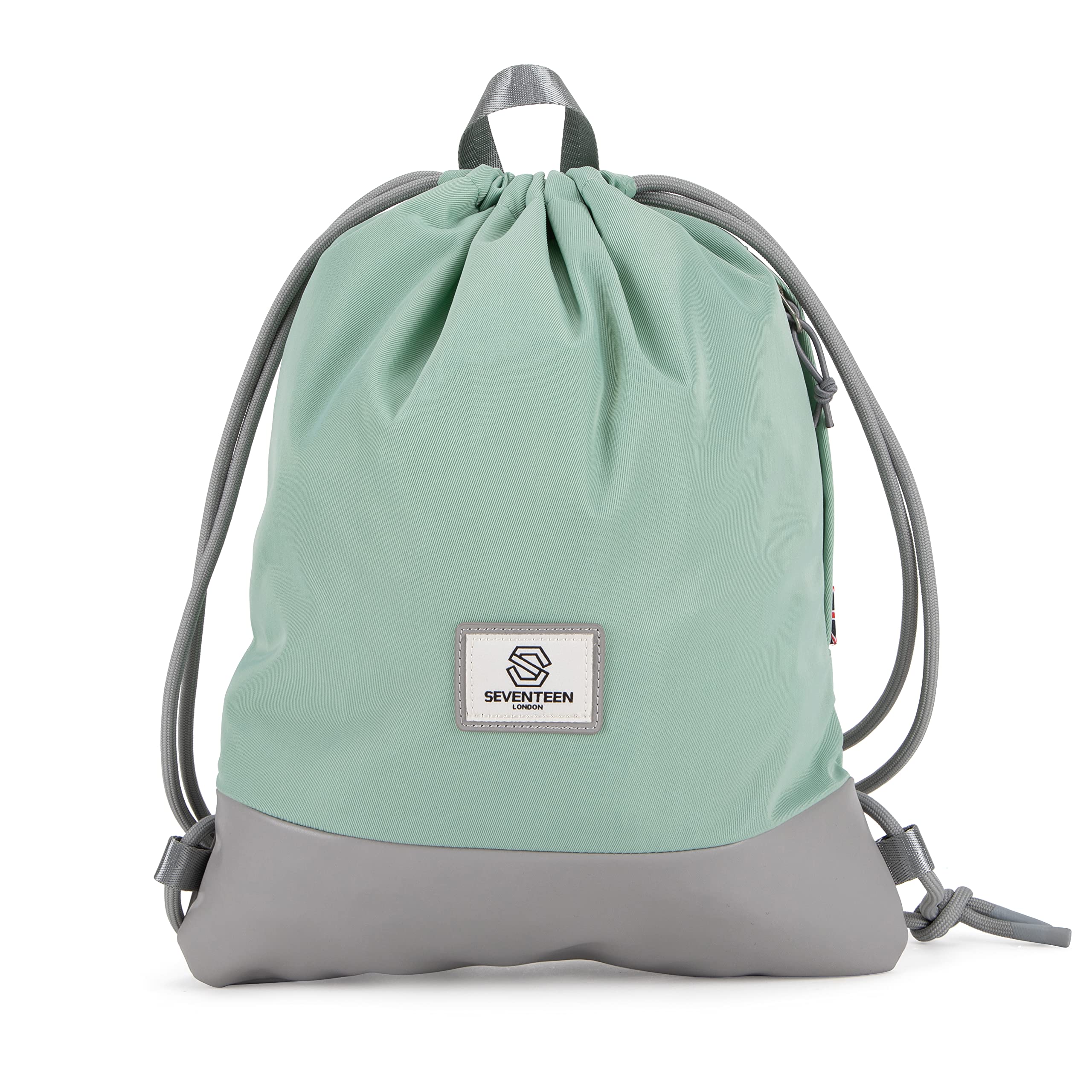 SEVENTEEN LONDON– Classic 'Greenwich' Drawstring Gym Bag in a Two-Tone Nylon and Faux Leather Design, Pastel Green, One Size
