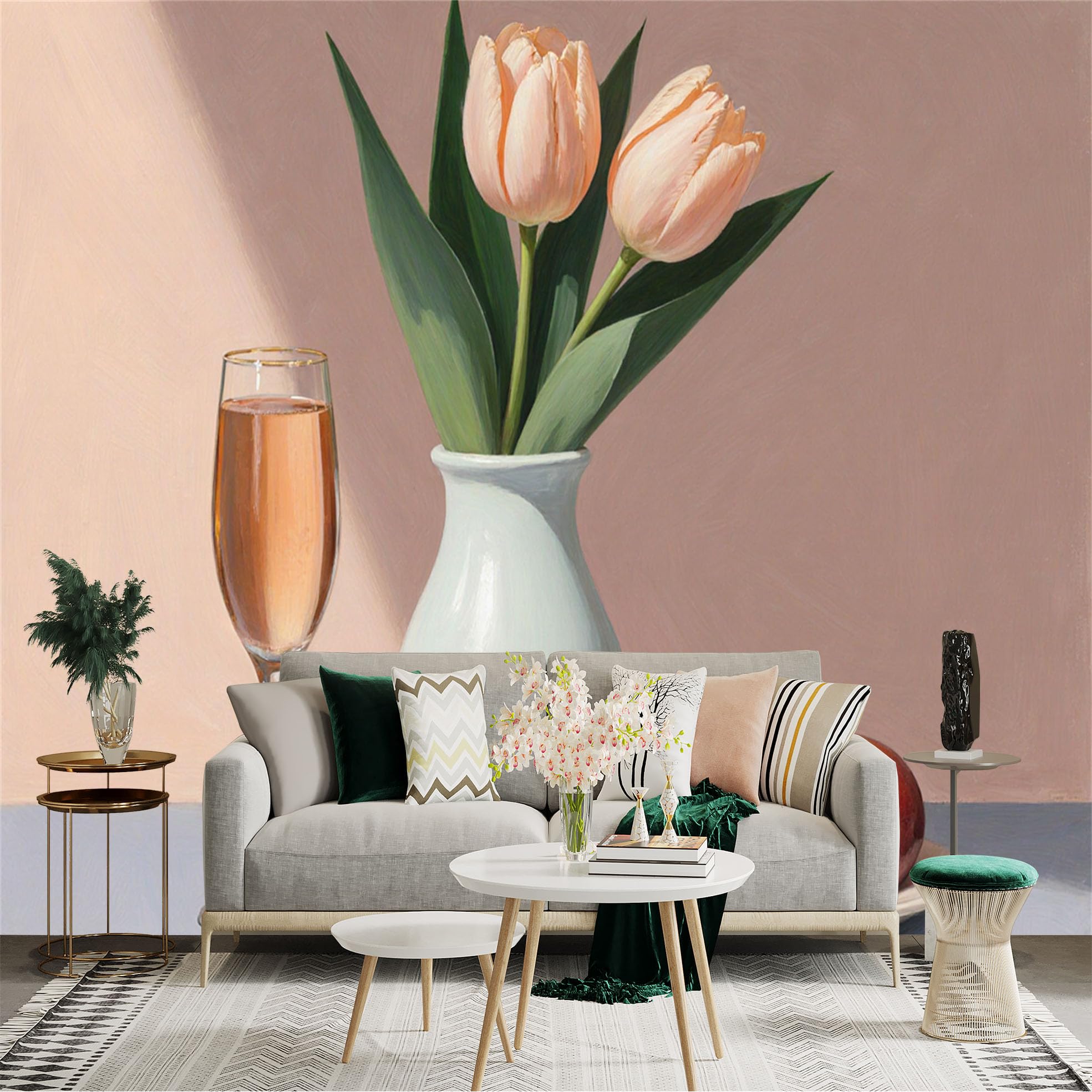 Custom Size Wall Sticker Mural， Pink Tulips in White Vase， Glass of Wine， Ripe Peaches， Still Life Painting Style， for wall Decoration， peelandstick wall Decals.