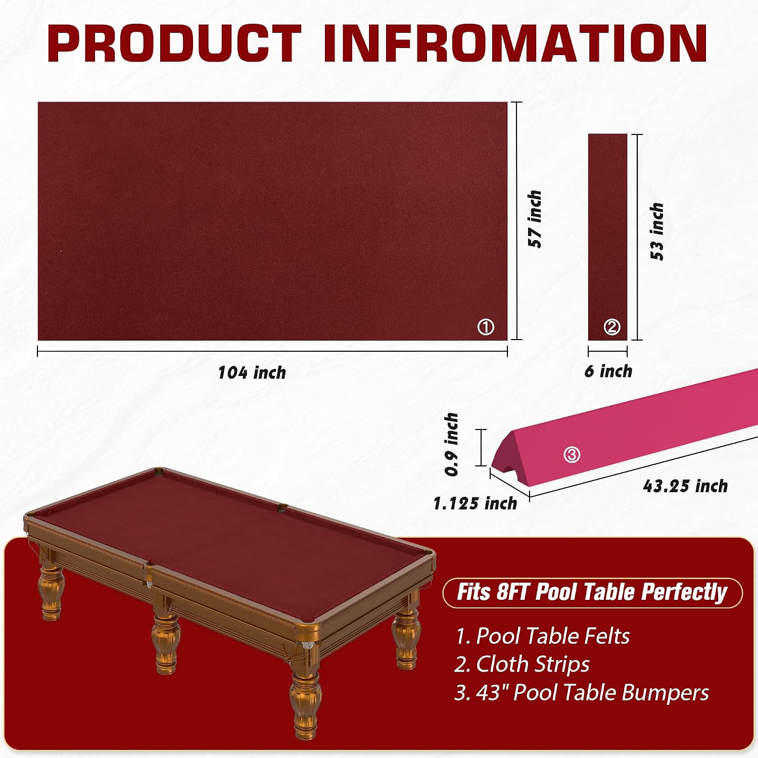 8 ft Pool Table Felt and Bumper Kit with 6 Pcs Pool Table Bumpers and Cushions Facing, 6 Pcs Cloth Strips and Staple Remover Billiard Table Felt-Burgundy