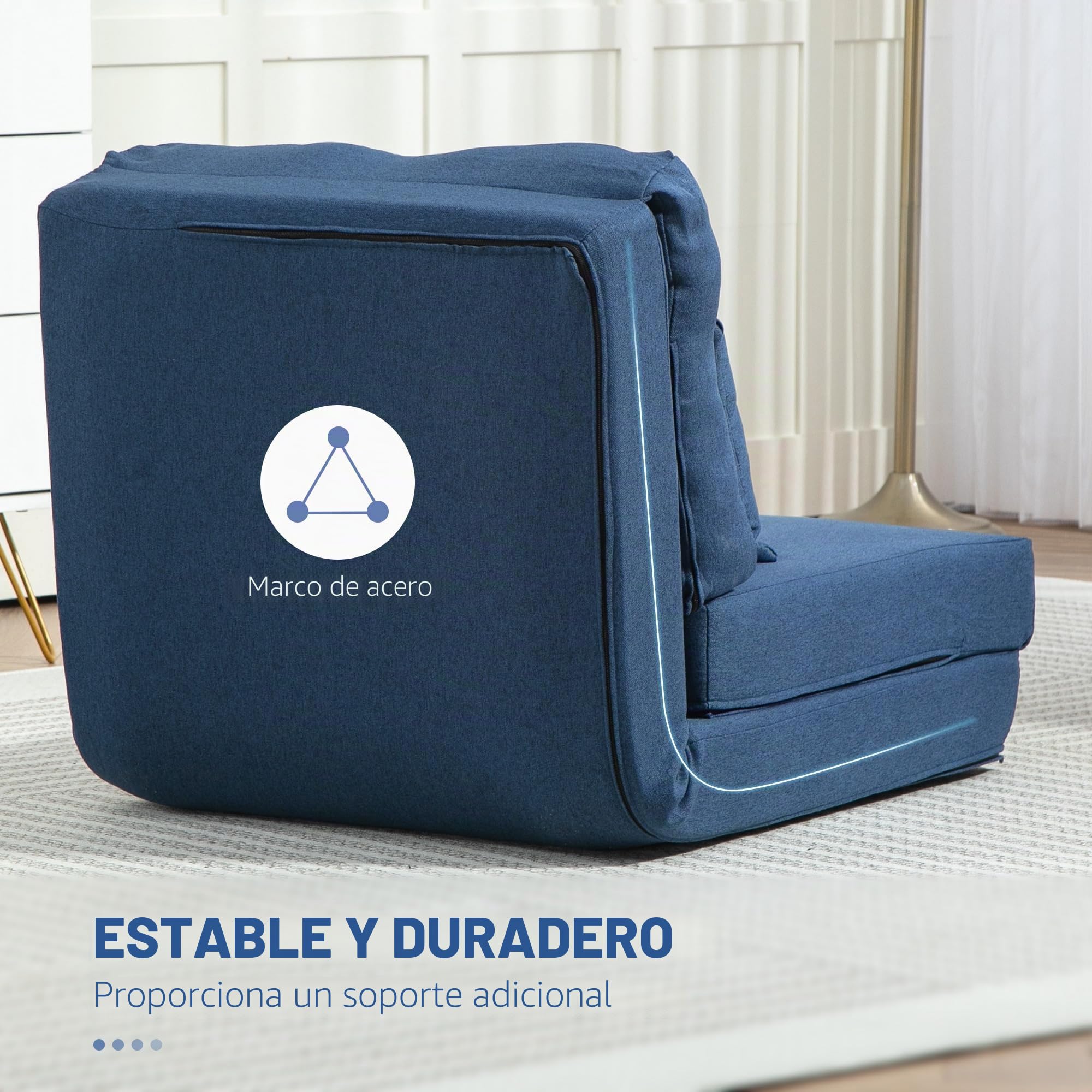 HOMCOM Sillón Convertible 1 Plaza Sillón Perezoso Cama Calentador 1 Plaza - Cojín Incluido, Respaldo Ajustable - Salón, Carga 120 kg, Tejido Lino Azul Oscuro