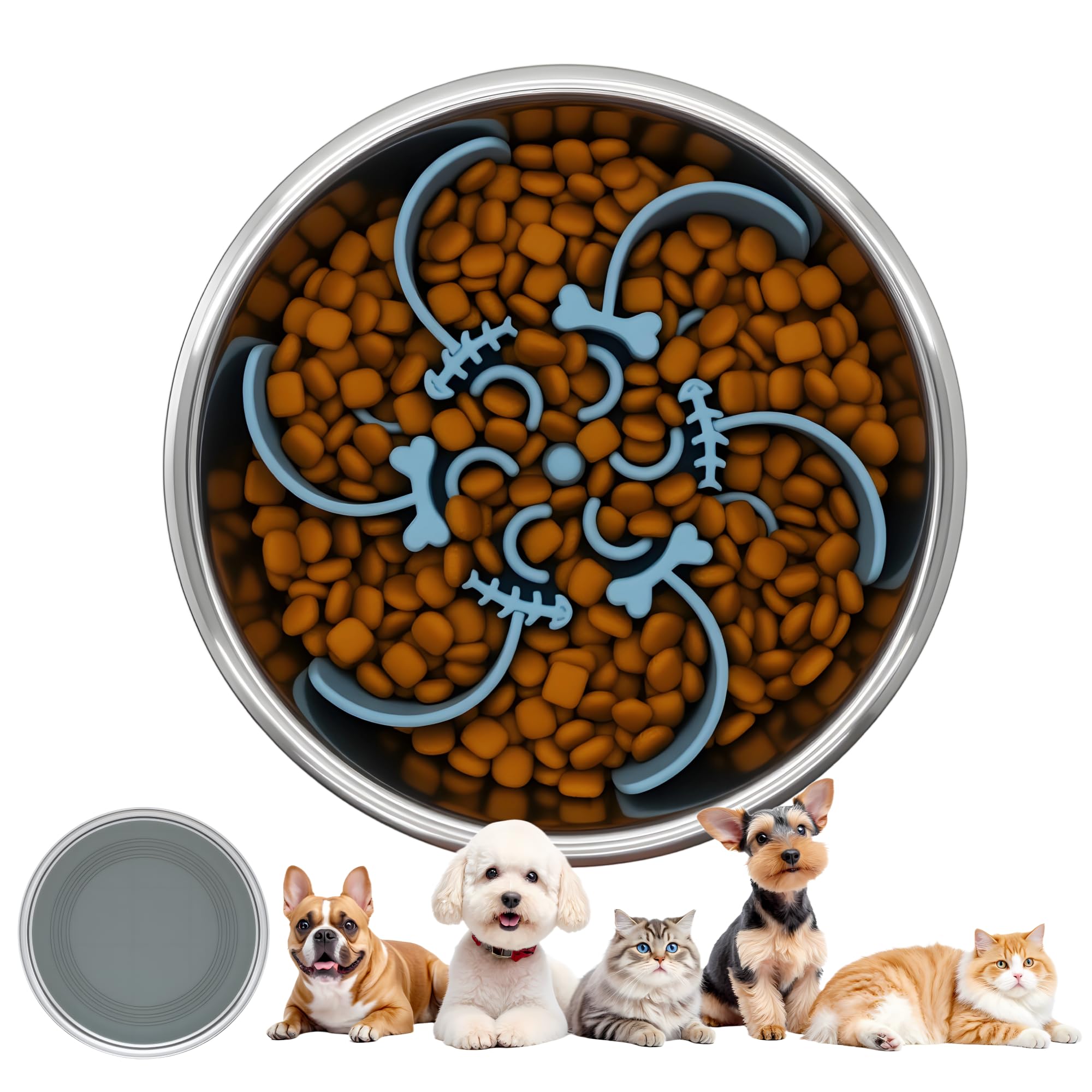 2 in 1 Slow Feeder Dog Bowl with Removeable Silicone Feeder Insert, Stainless Steel Pet Bowl, Non-Slip Rubber Base for Small Medium Dog Cat (3.2 Cups)