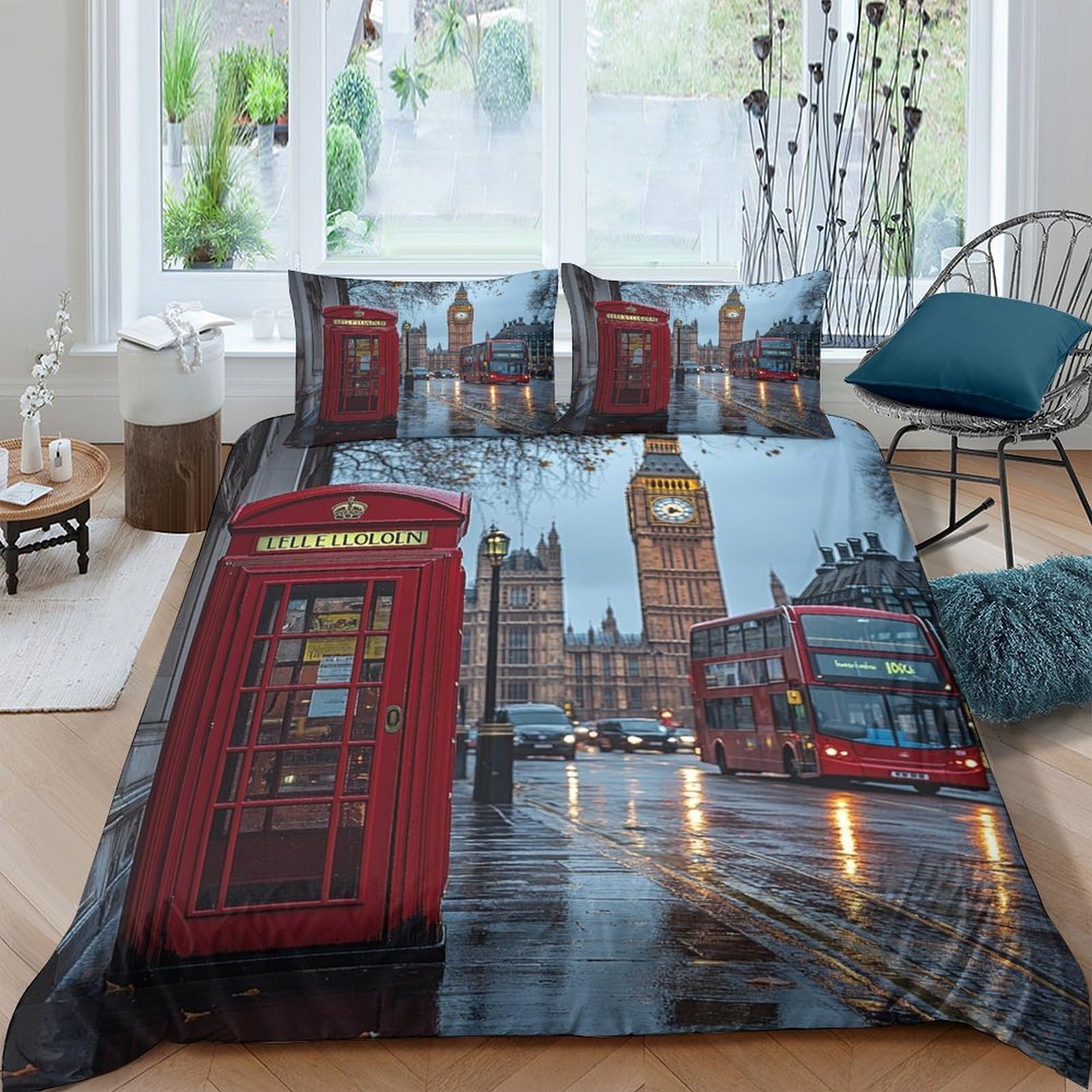 Ctjqhvkz Style-1 3D Printed London Red Telephone Box Fitted Sheet Microfiber Soft Big Ben Bus Mattress Cover Bedroom Decor Single（135X200cm）