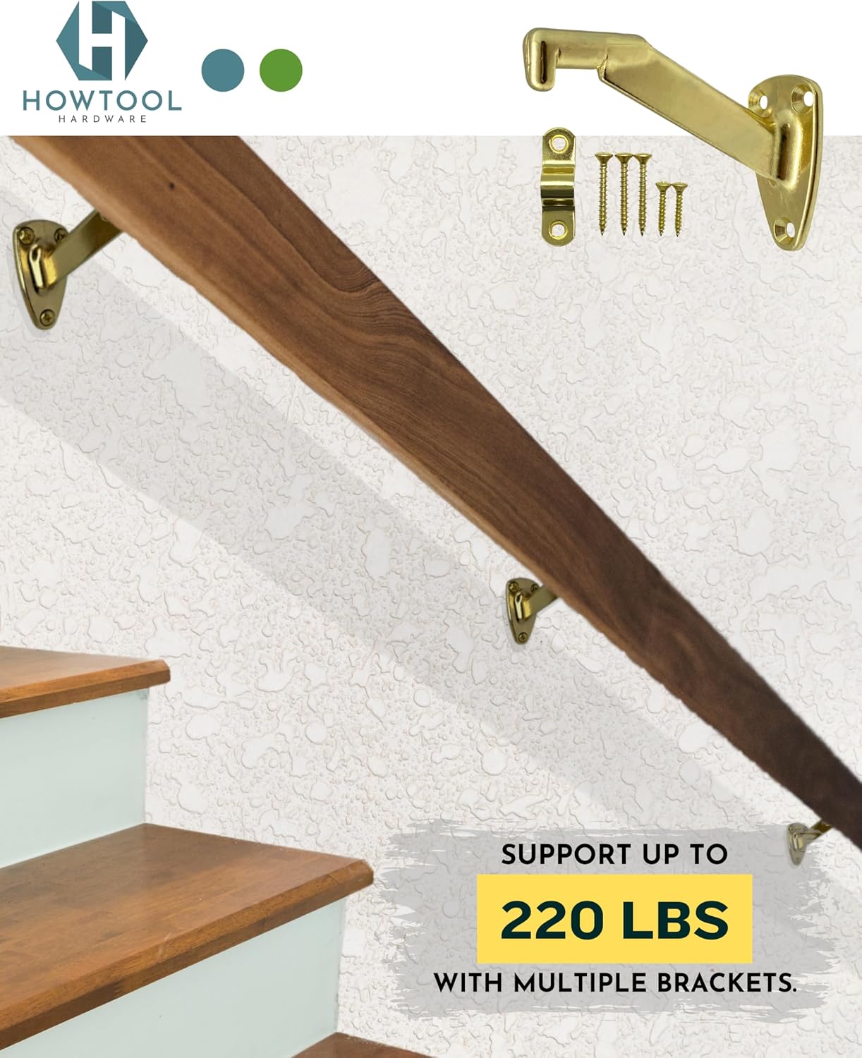 Heavy Duty Brass Plated Zinc Handrail Brackets Extended Neck Wall Mount Design Includes Screws for Stair Railing Support 2 Pack | HOWTOOL