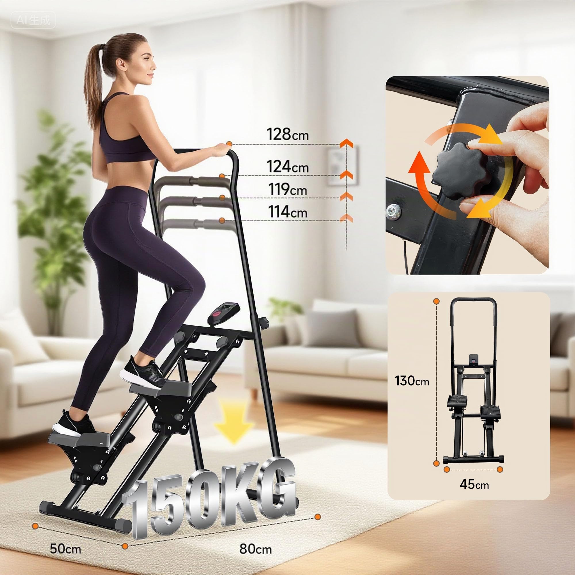 Escalador de Fitness Plegable, Capacidad 150 kg, Stepper Vertical Plegable para Gimnasio con Pantalla LCD con Manillar y Pedales Antideslizantes, Escalador de Fitness para Entrenamiento en Casa