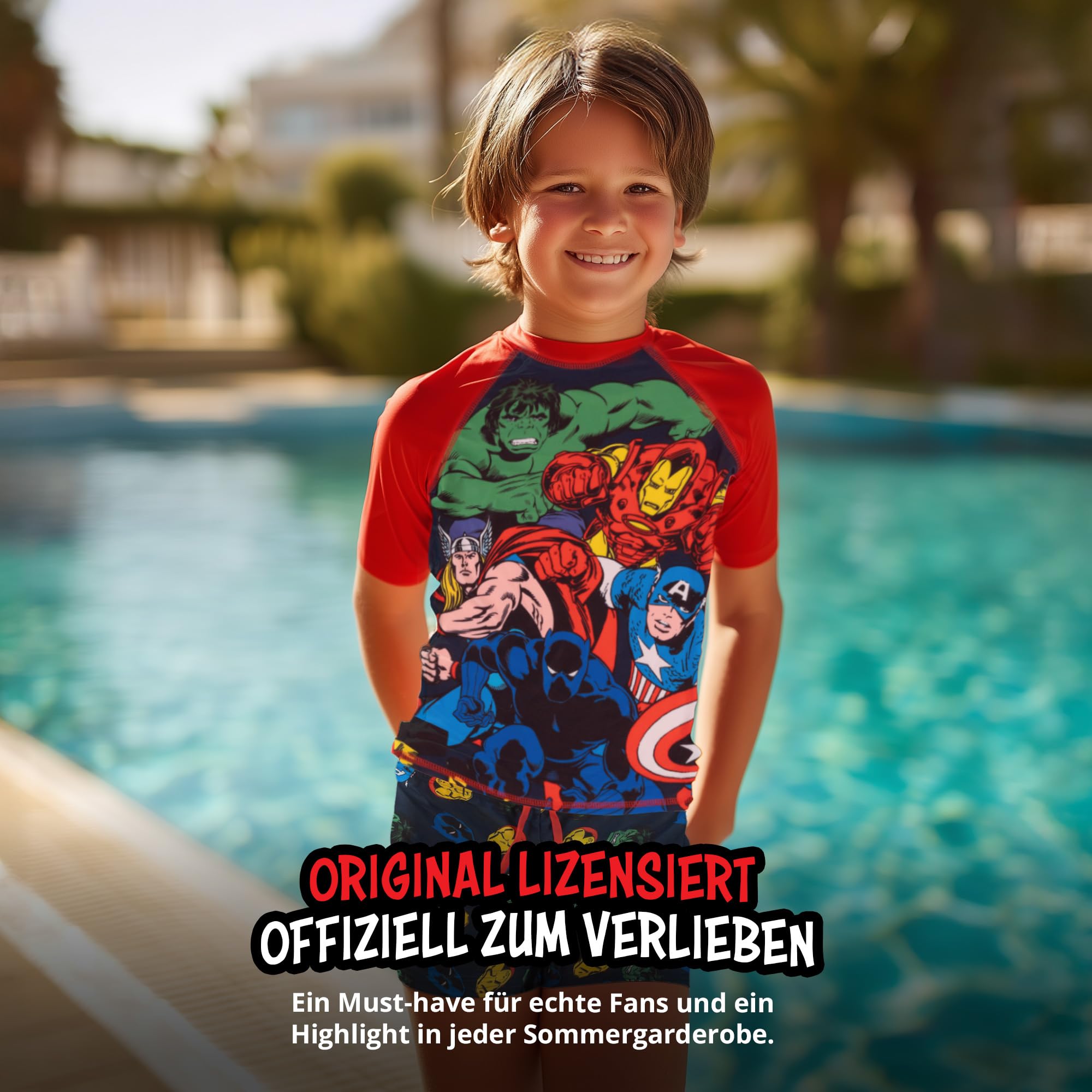 United Labels Marvel Avengers Maillot de bain 2 pièces pour garçon, protection UV 30, bleu et rouge, maillot de bain pour enfant avec t-shirt et maillot de bain