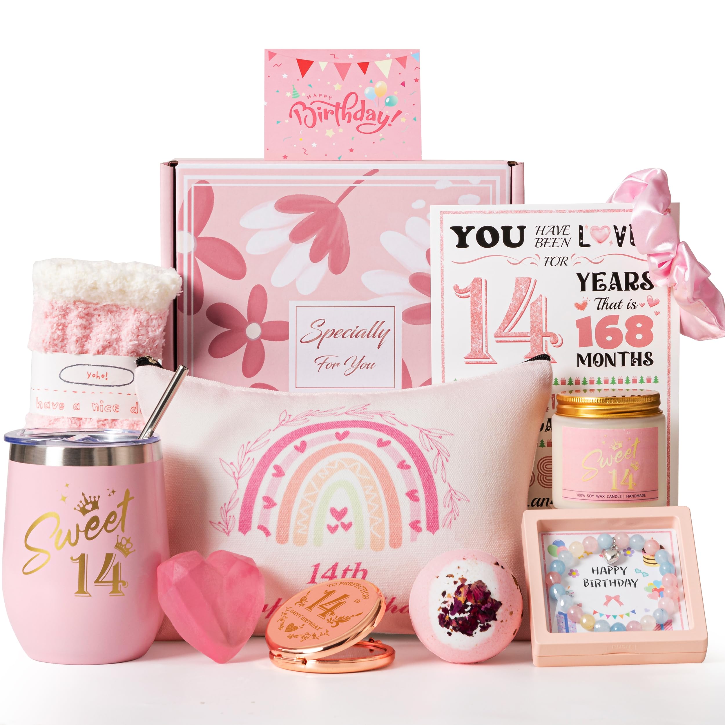14th Birthday Gifts for Girls,Happy 14th Pamper Gift Basket Ideas for Daughter, Cute Unique Sweet 14 Year Old Birthday Hampers Presents for Her,Best Friend Niece,Granddaughter, Sister, Friend, Teens