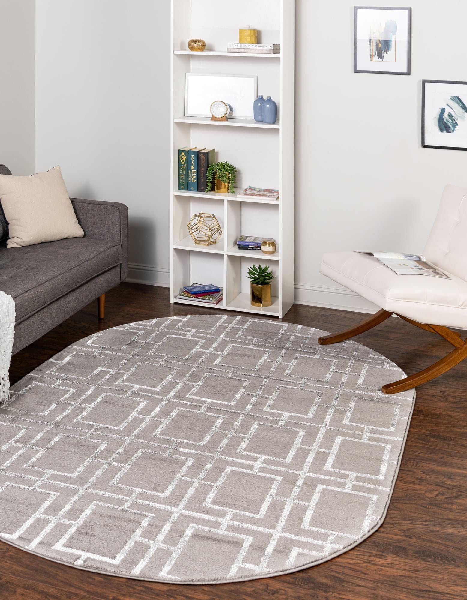 Unique Loom Glam Collection Area Rug - Deco (5' 3" x 8' Oval, Gray Silver/ Silver)